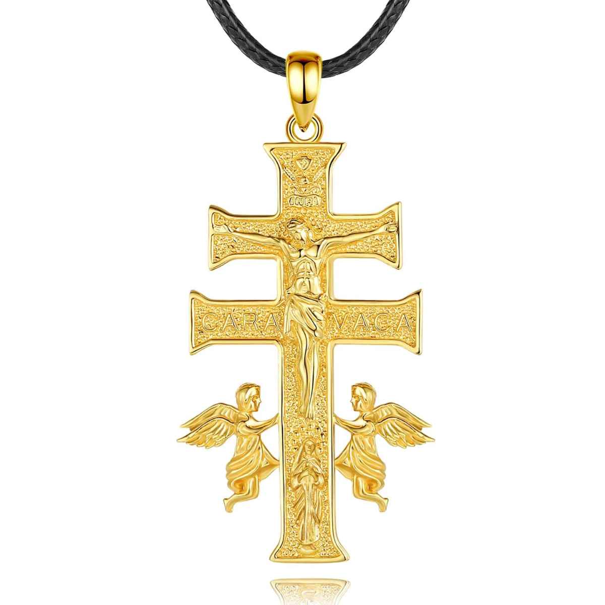 18K Gold Plated Silver Caravaca Cross Necklace with Angel and Mary - Image 2