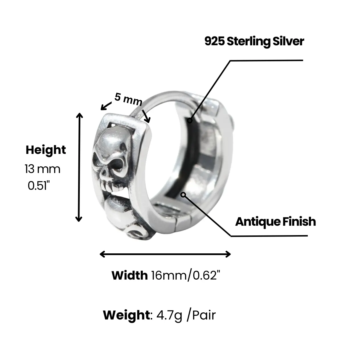 5mm Silver Skull Head Huggie Hoop Earrings - Image 5