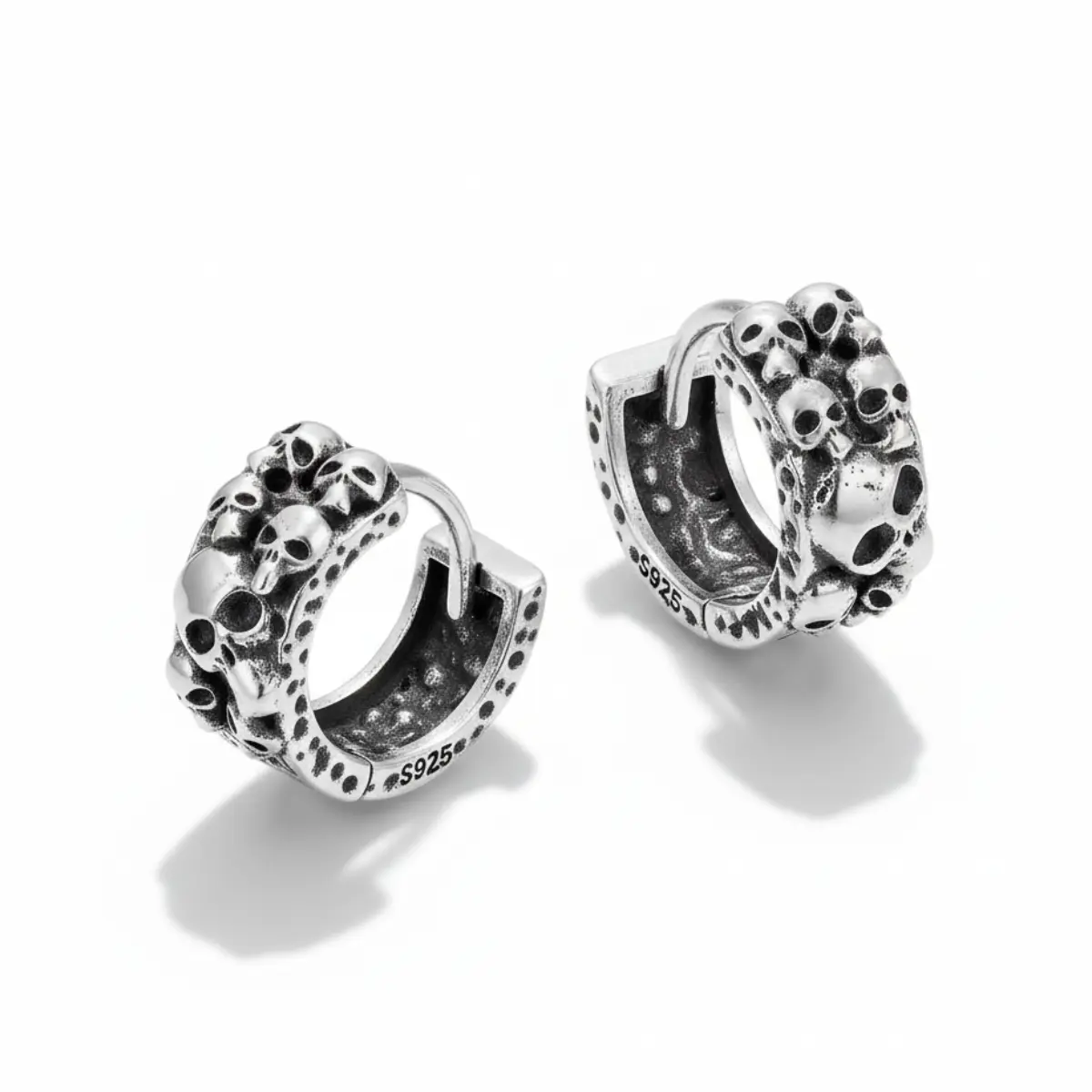 6mm Silver Skull Cluster Huggie Hoop Earrings - Image 5