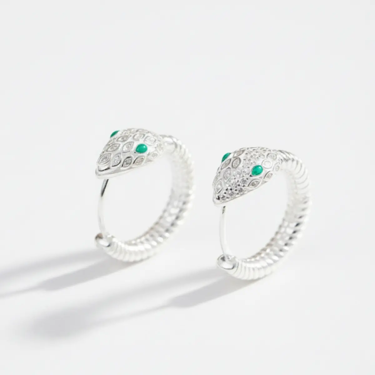 925 Silver Emerald Eye Snake Hoop Earrings - Image 3