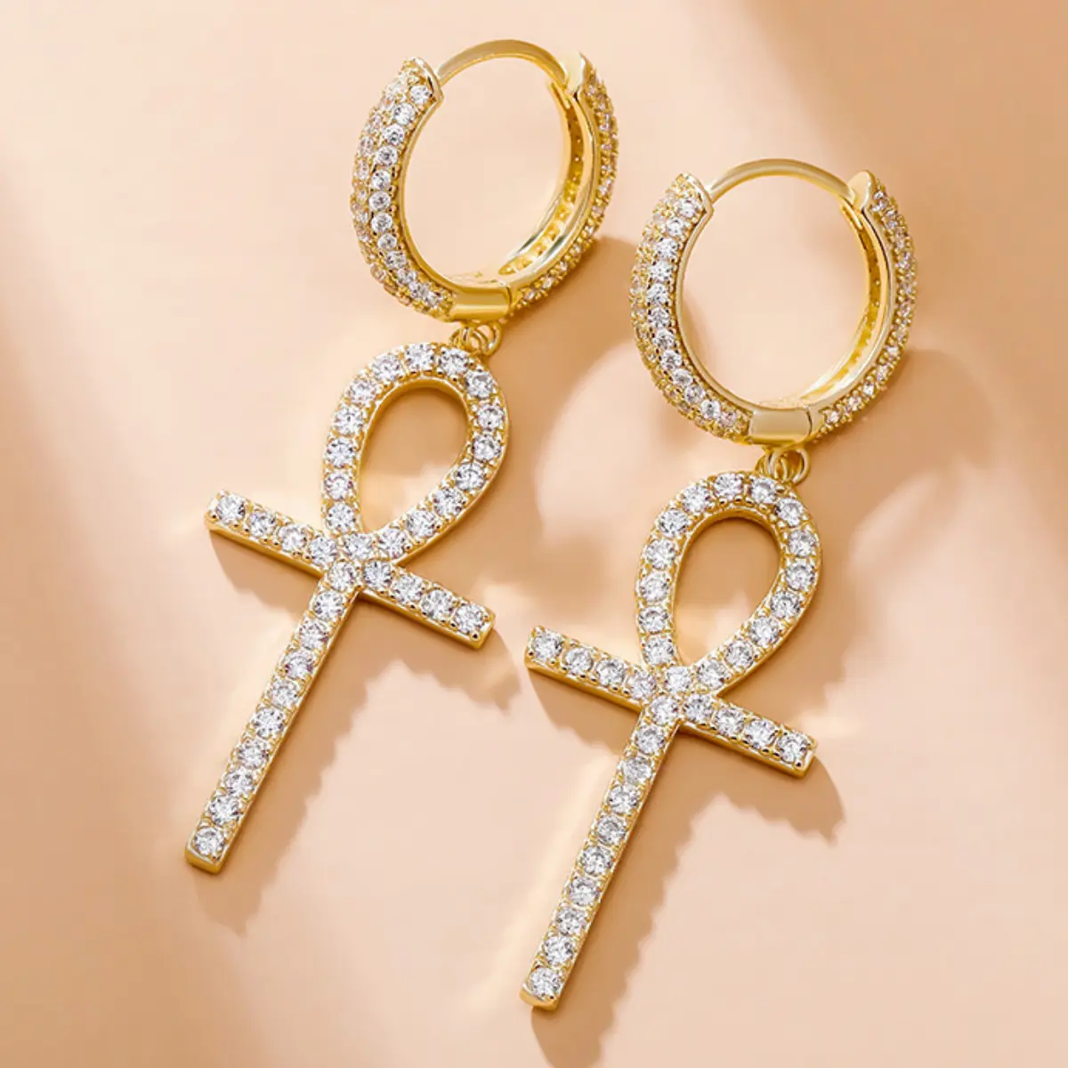 Diamond Ankh Hoop Earrings in Yellow Gold - Image 3