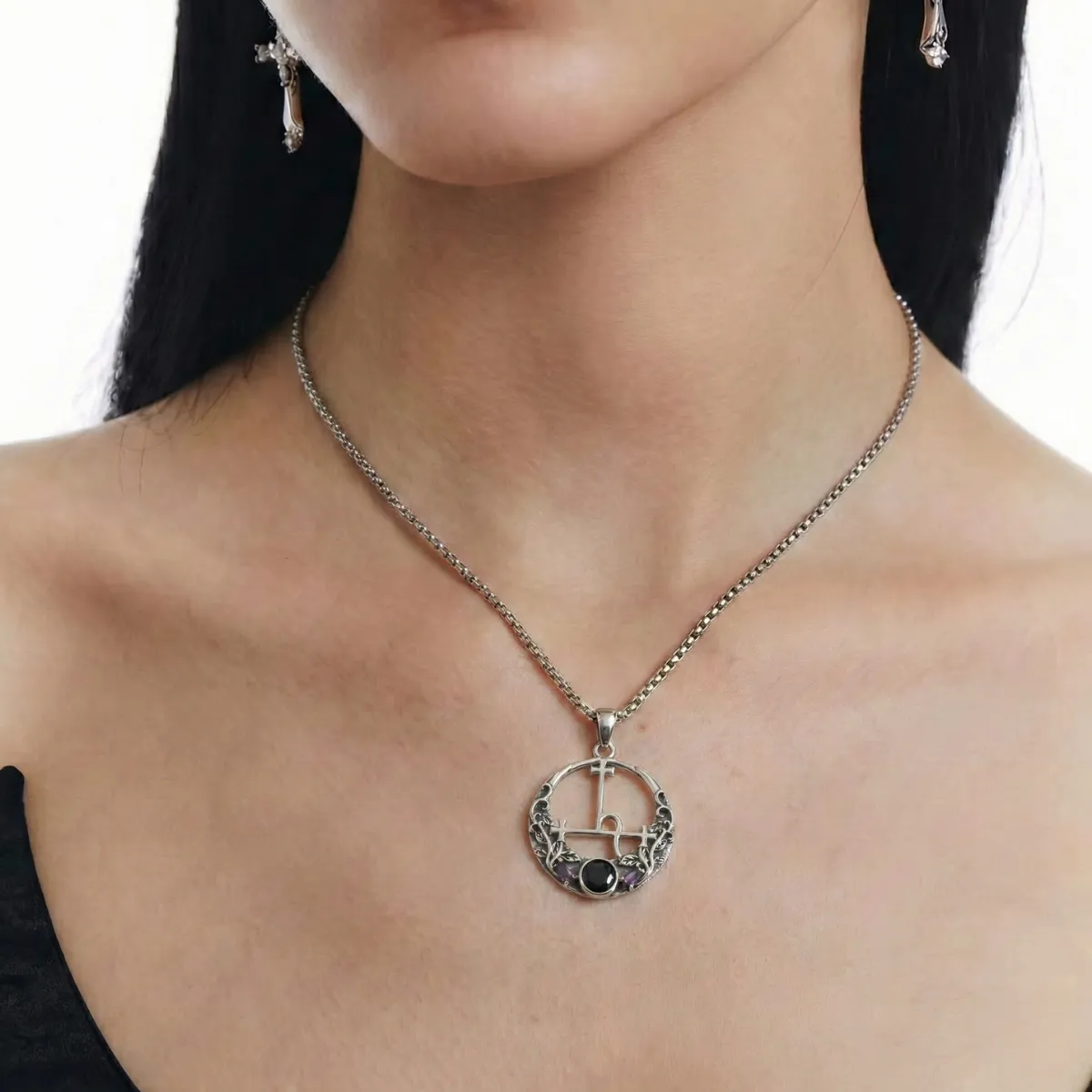 Black CZ & Purple Leaf Vine Lilith Sigil Necklace - Image 2