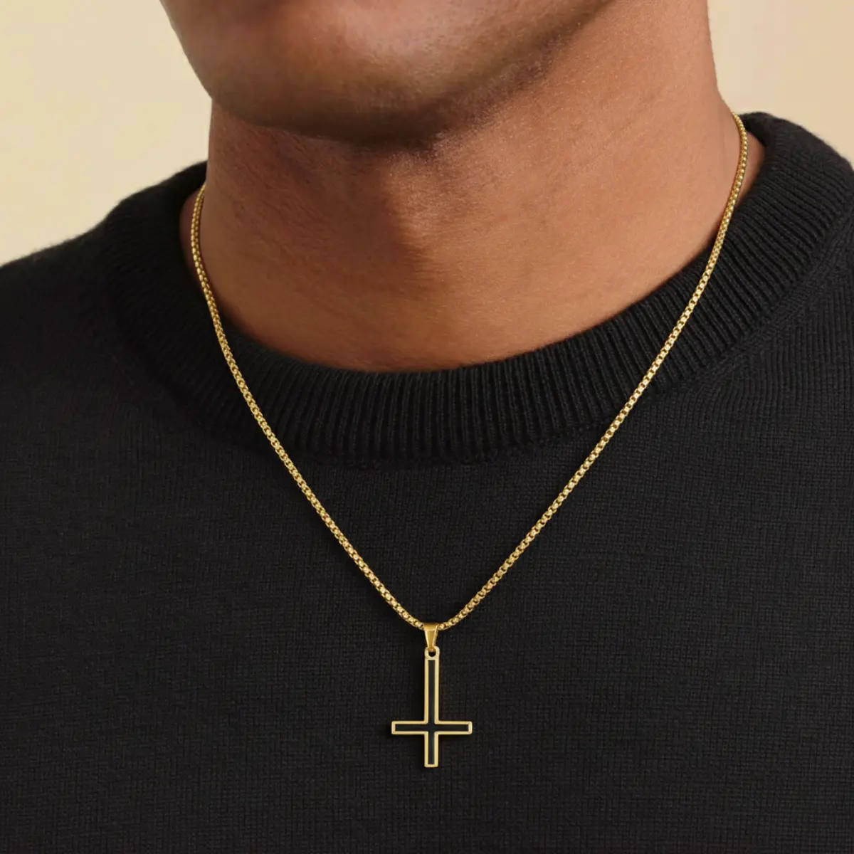 Black Enamel Inverted Cross Pendant Necklace - Image 2