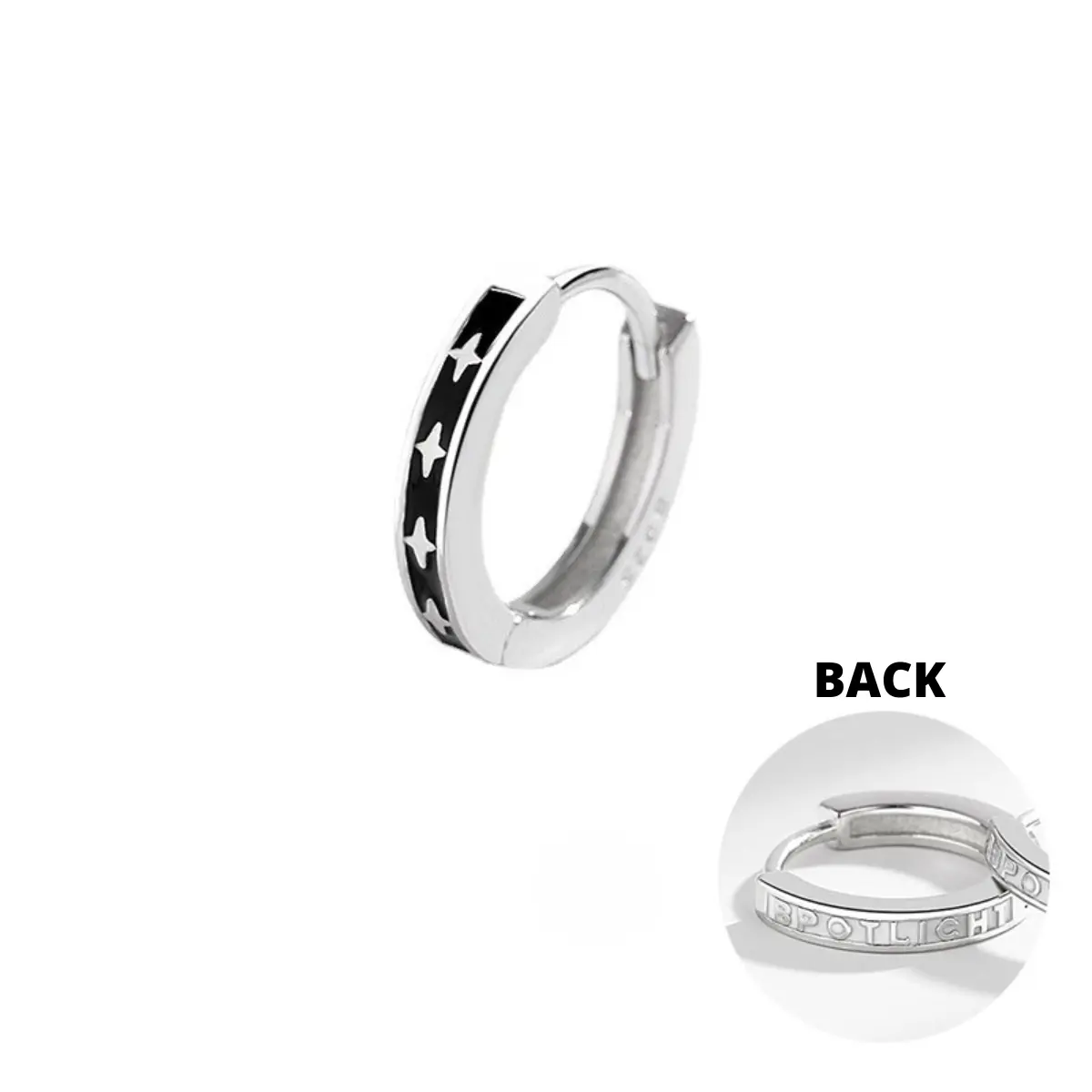 Black Enamel Star Silver Hoop Earrings - Image 6