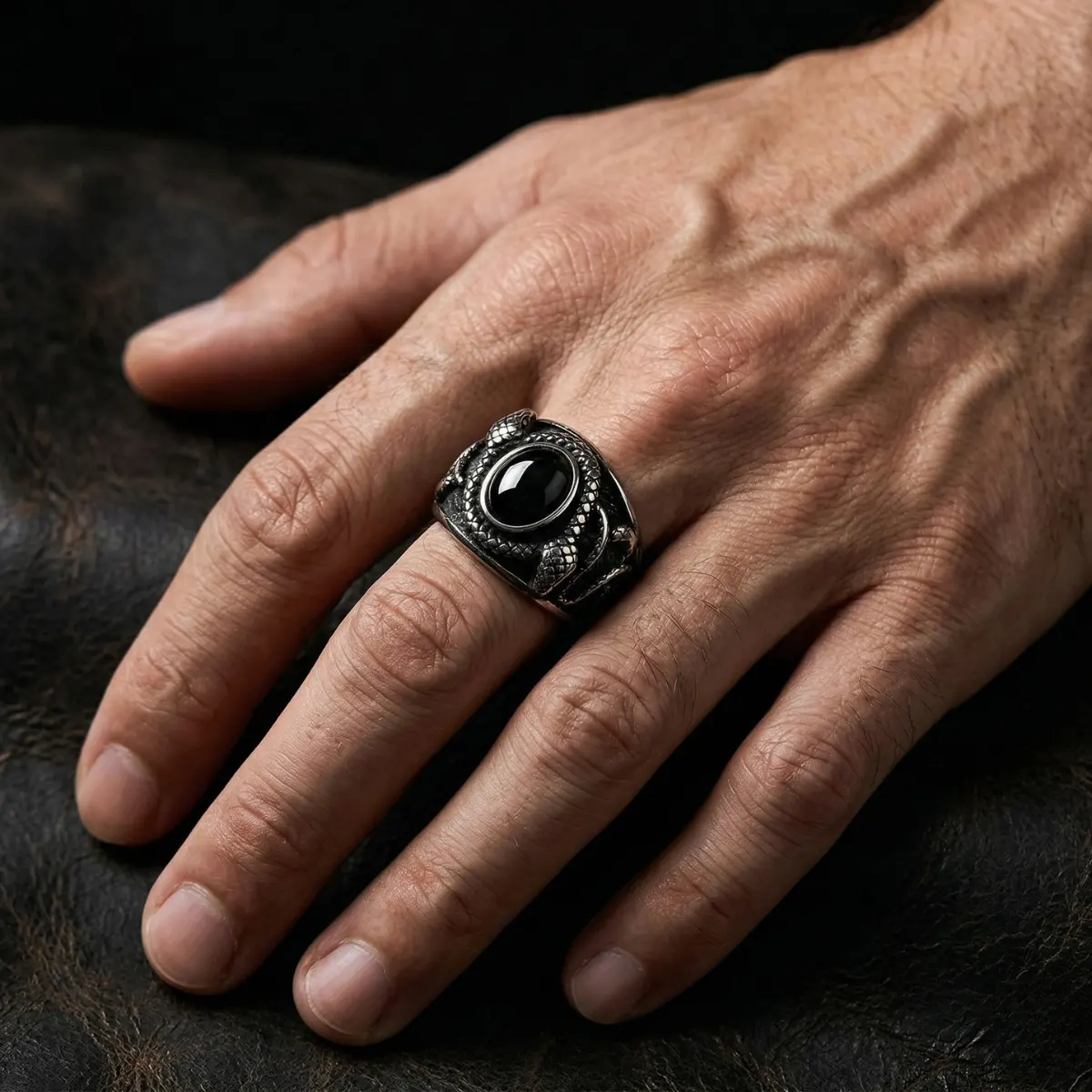 Black Gemstone Snake Ring - Image 2