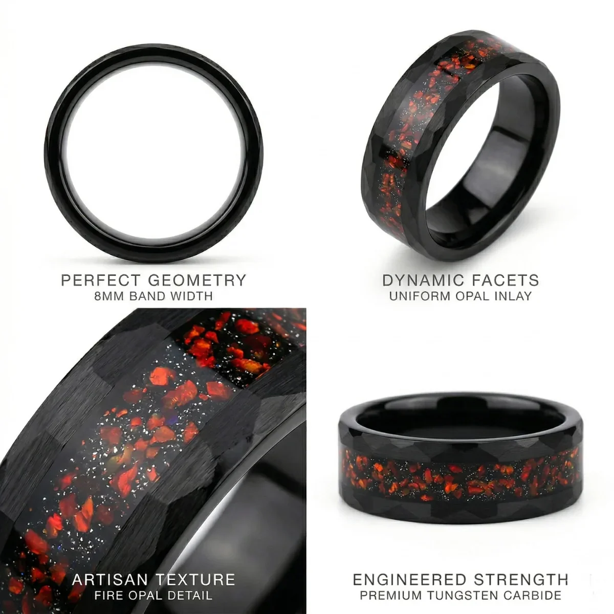 Black Hammered Opal Tungsten Ring - Image 5