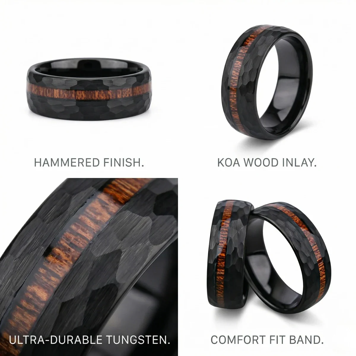 Black Hammered Wood Inlay Ring - Image 5