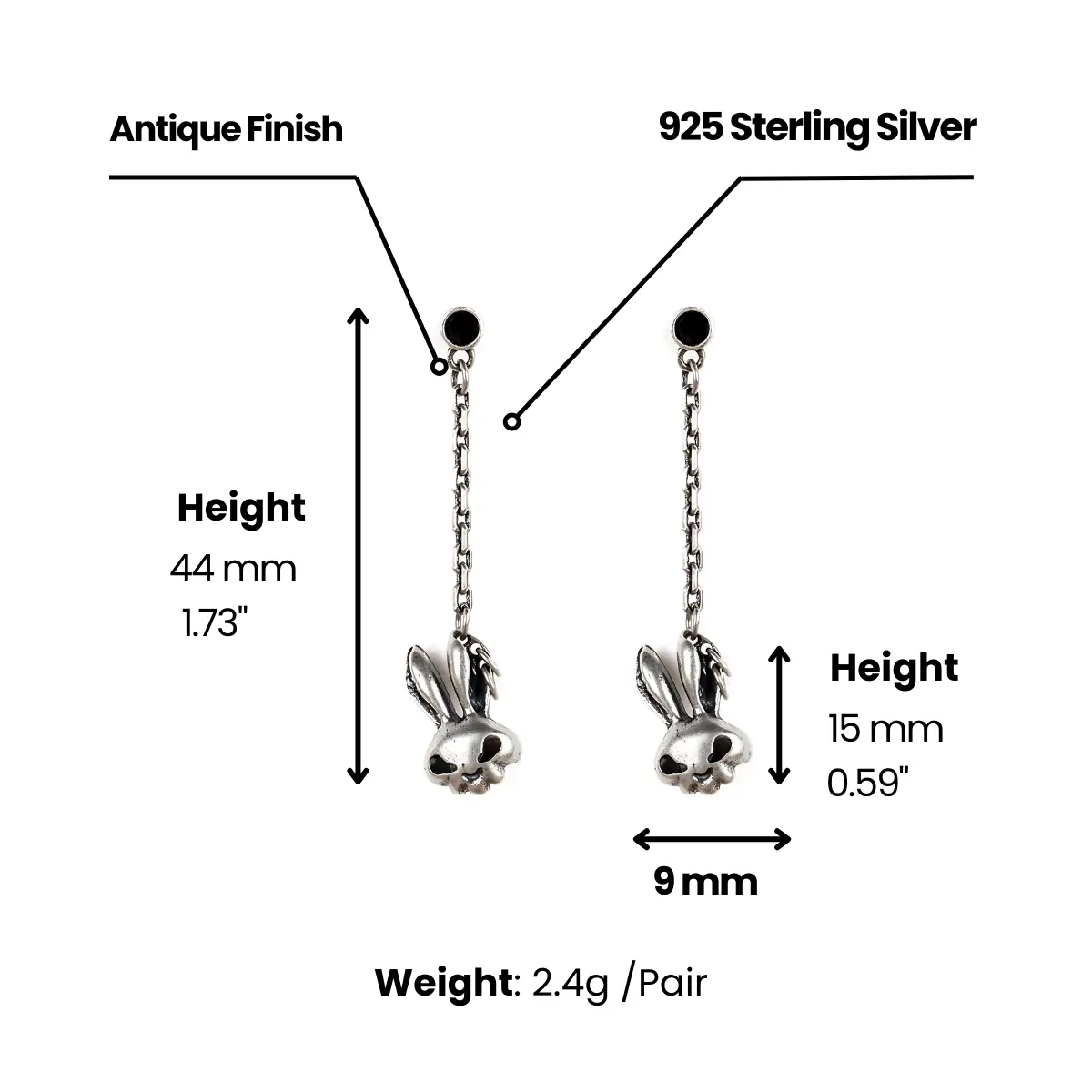 Bunny Skull Drop Earrings Sterling Silver - Image 5