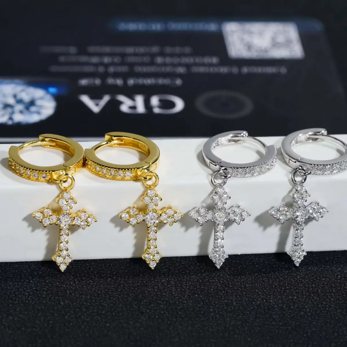 Diamond Cross Dangle Earrings in Yellow Gold - Image 10