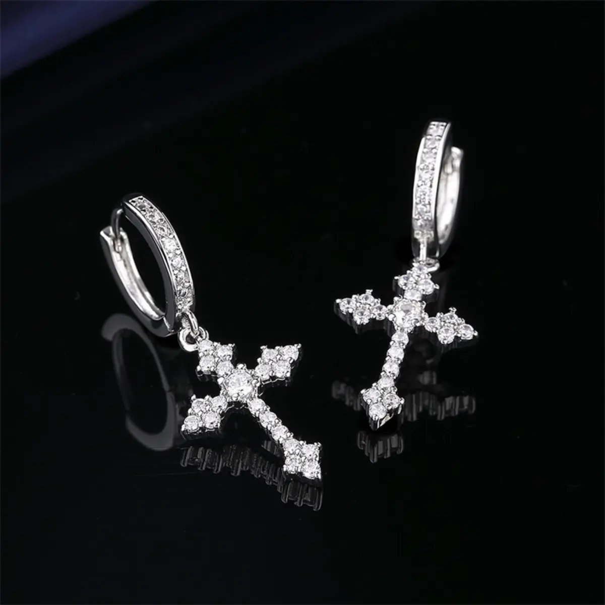 Diamond Cross Dangle Earrings in Yellow Gold - Image 4