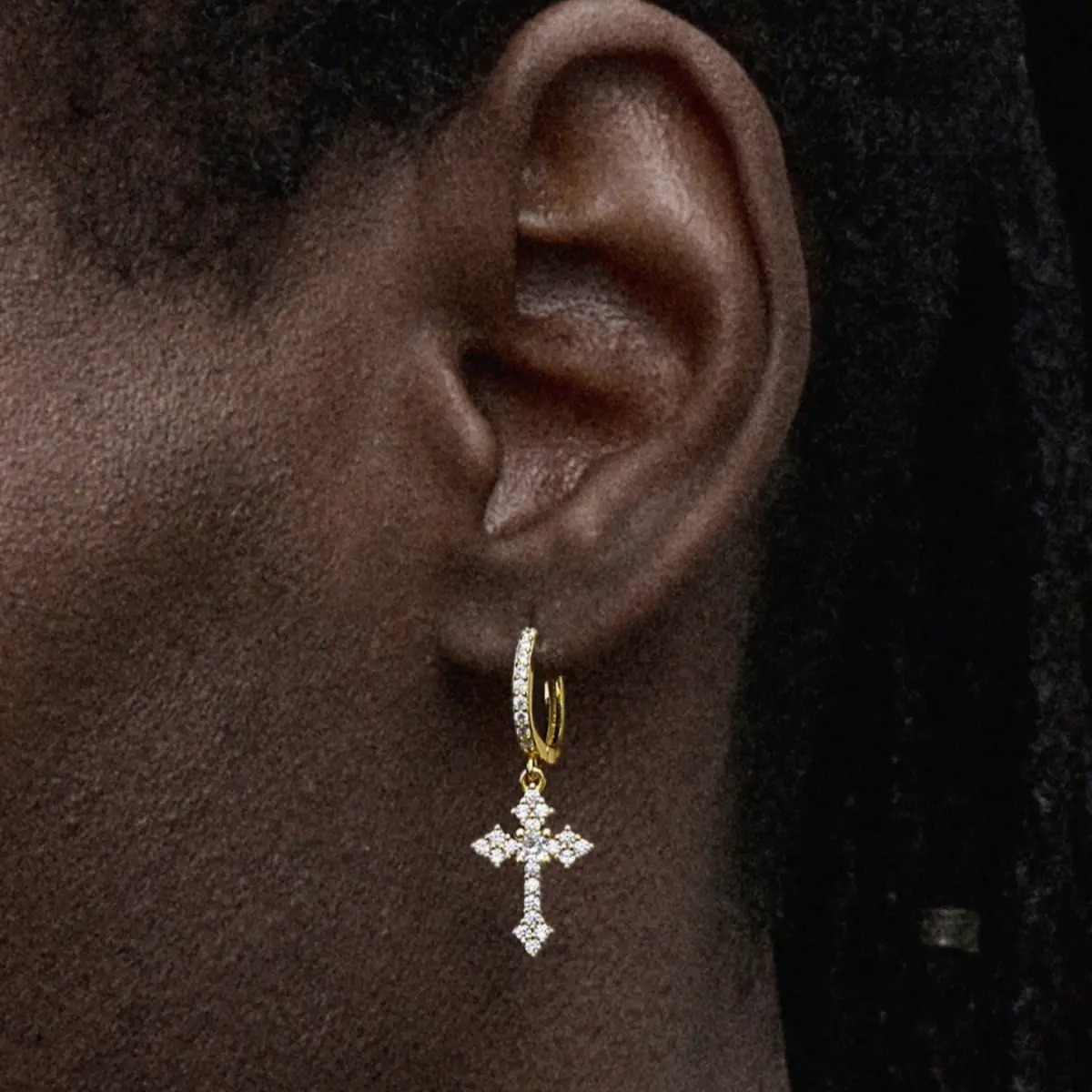 Diamond Cross Dangle Earrings in Yellow Gold - Image 8