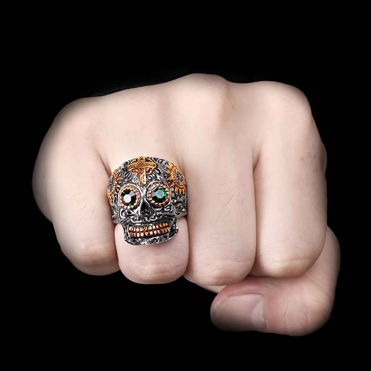 Sugar Skull Ring with Green Gemstone - Image 3