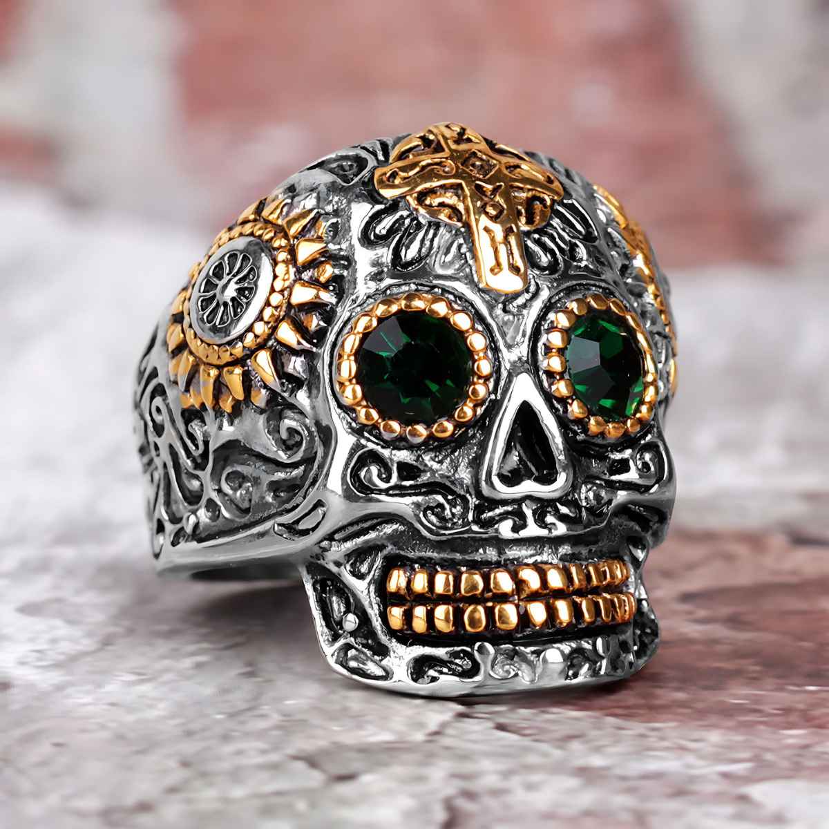 Sugar Skull Ring with Green Gemstone - Image 4