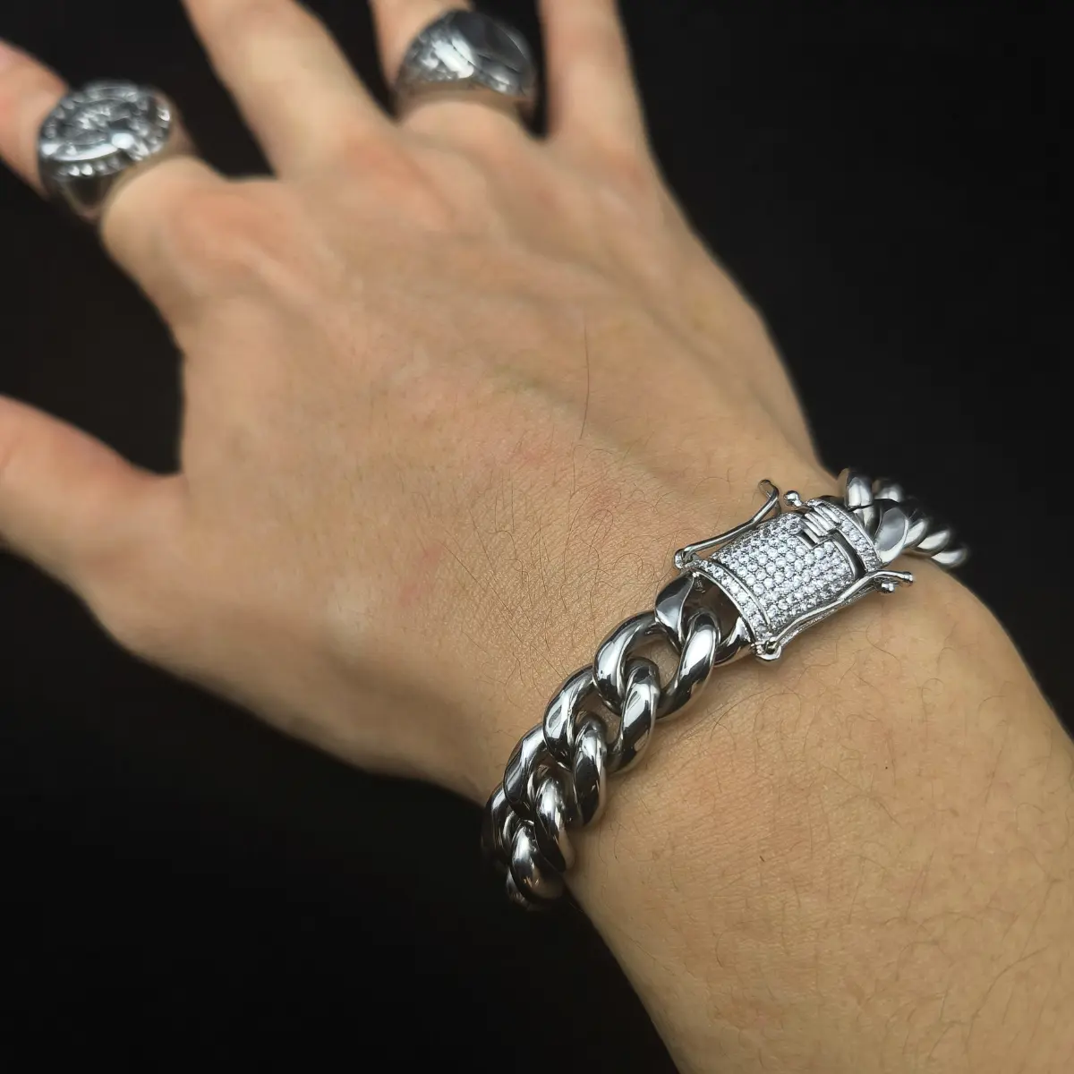 Cuban Link Bracelet with Iced Clasp Silver 12mm - Image 2