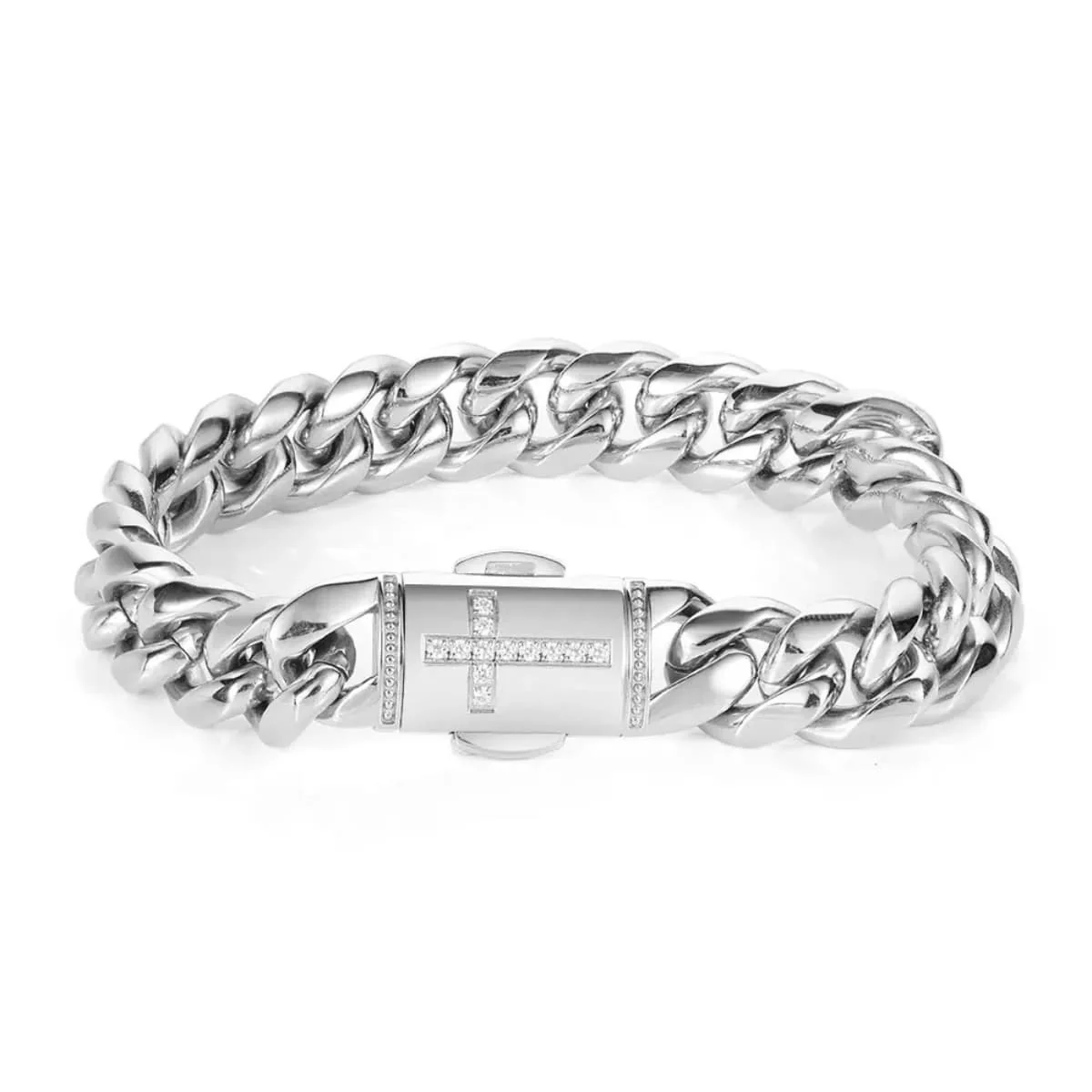 Cuban Link Bracelet with Iced Cross Clasp Silver 12mm - Image 2
