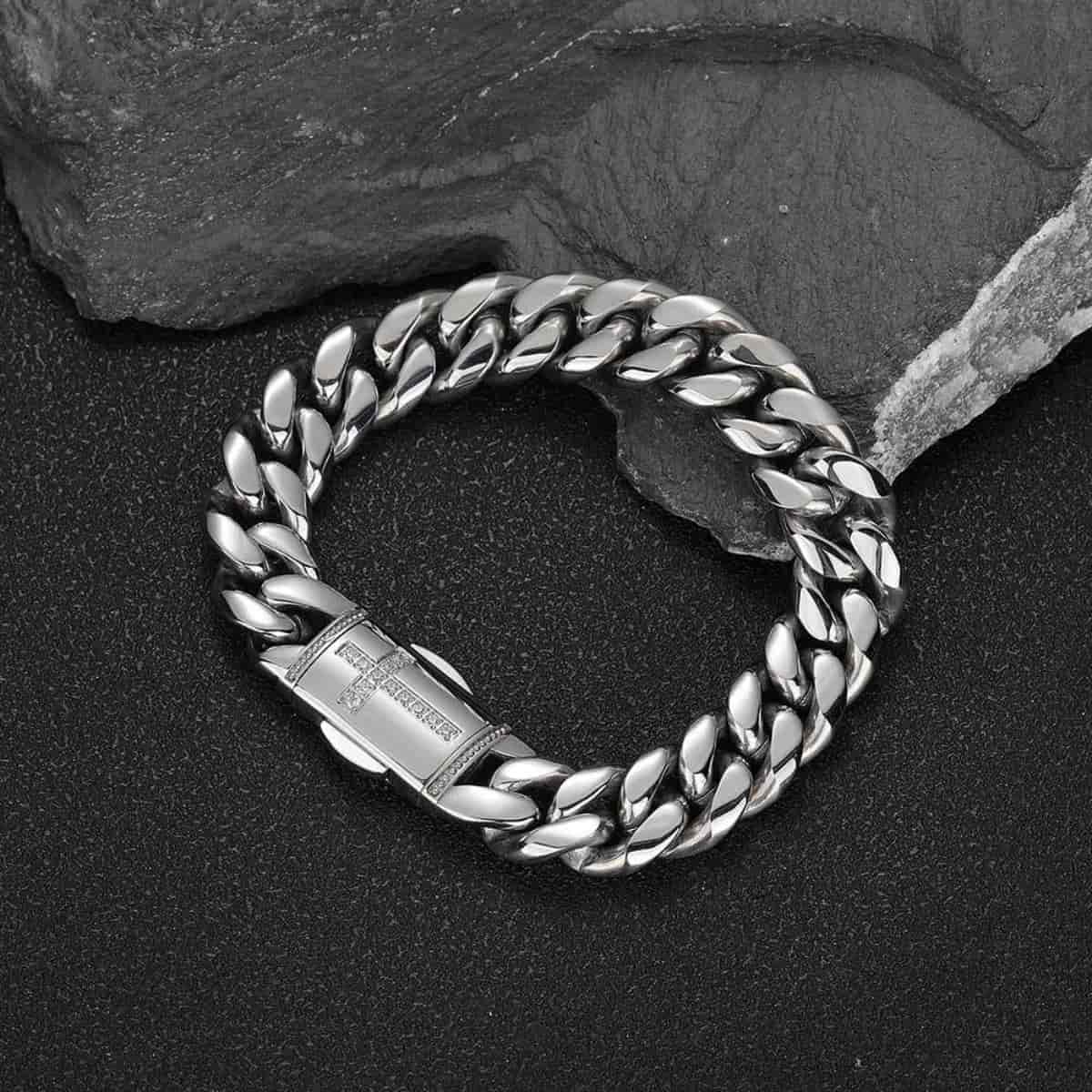 Cuban Link Bracelet with Iced Cross Clasp Silver 12mm - Image 3