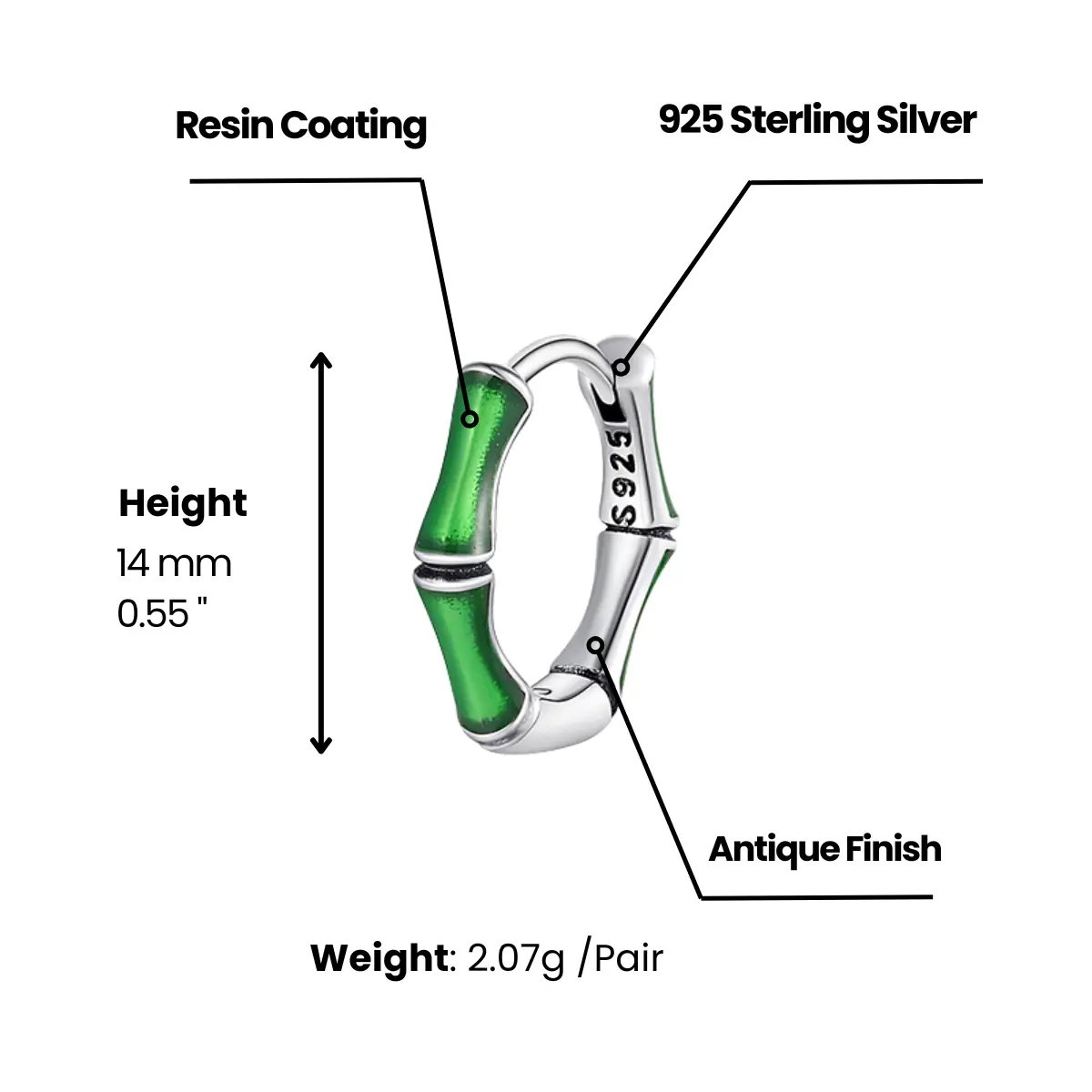 Emerald Bamboo Silver Hoop Earrings - Image 5