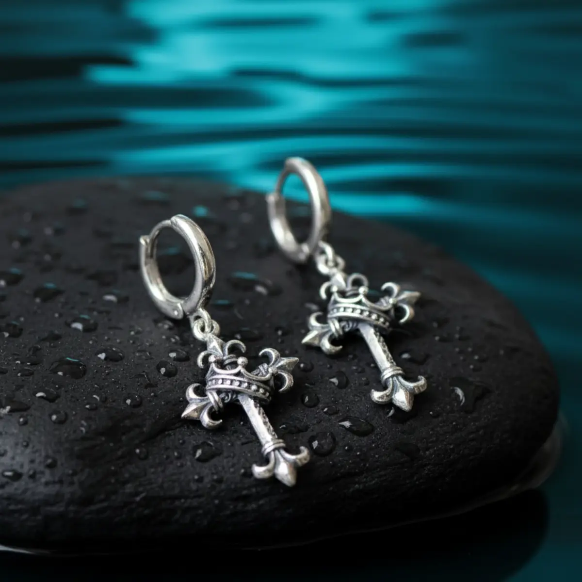 Fleur de Lis Cross Earrings - Image 2