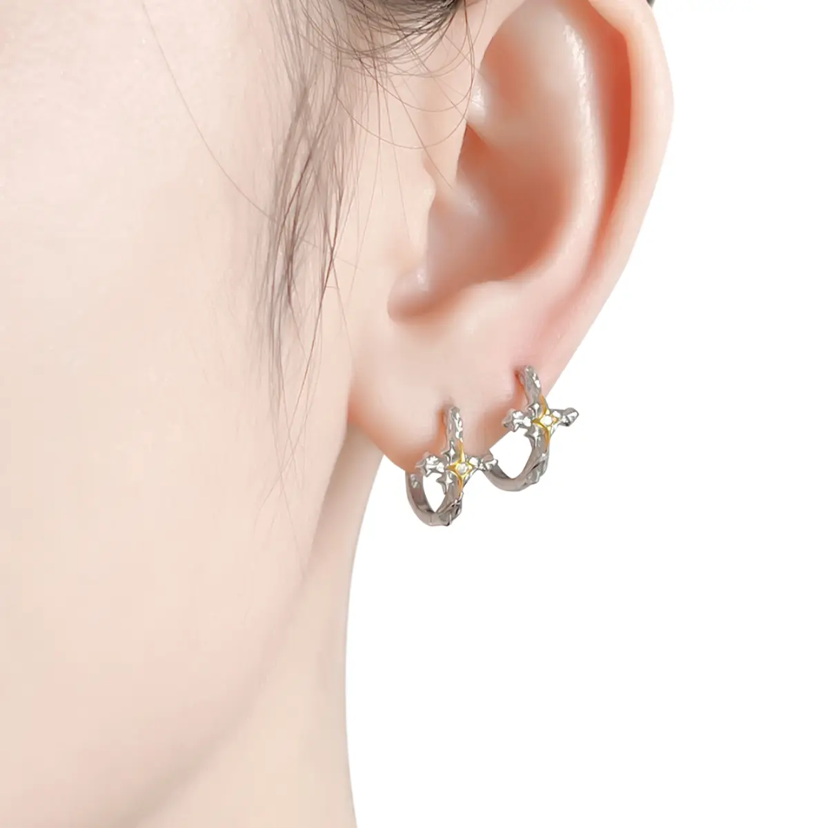 Four Pointed Star Cross Hoop Earrings - Image 2