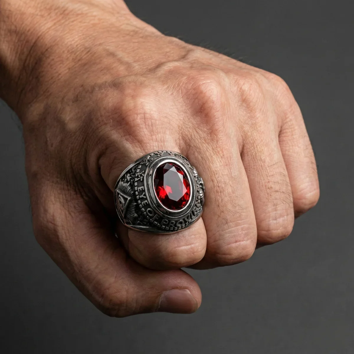 Masonic All-Seeing Eye Ring | Ram Skull & Gemstone - Image 3