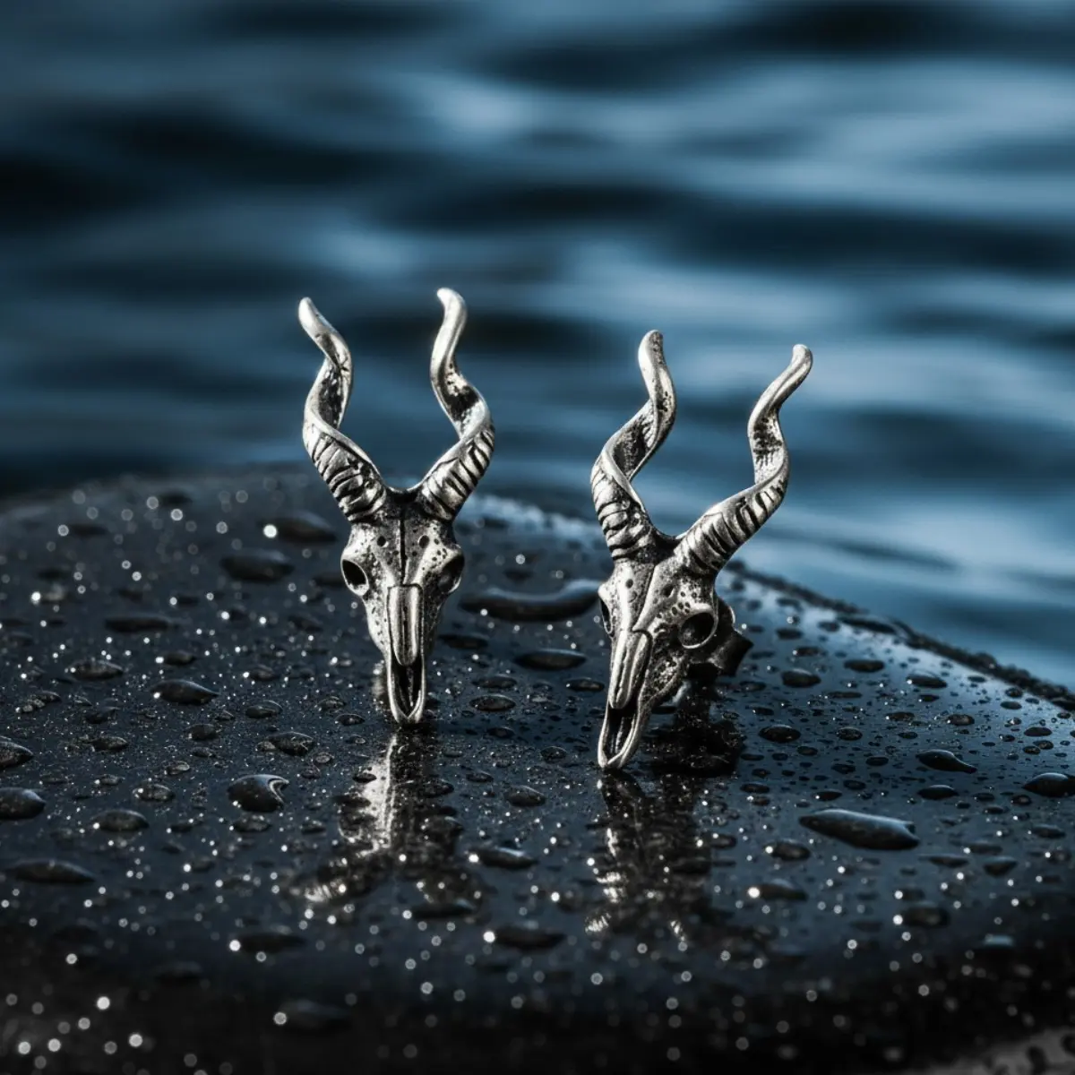 Goat Skull Stud Earrings Sterling Silver - Image 2