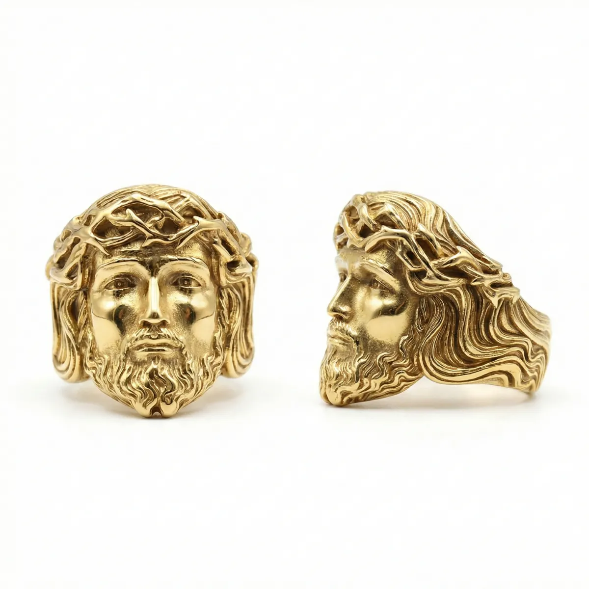 Gold 3D Jesus Head Thorn Ring - Image 4