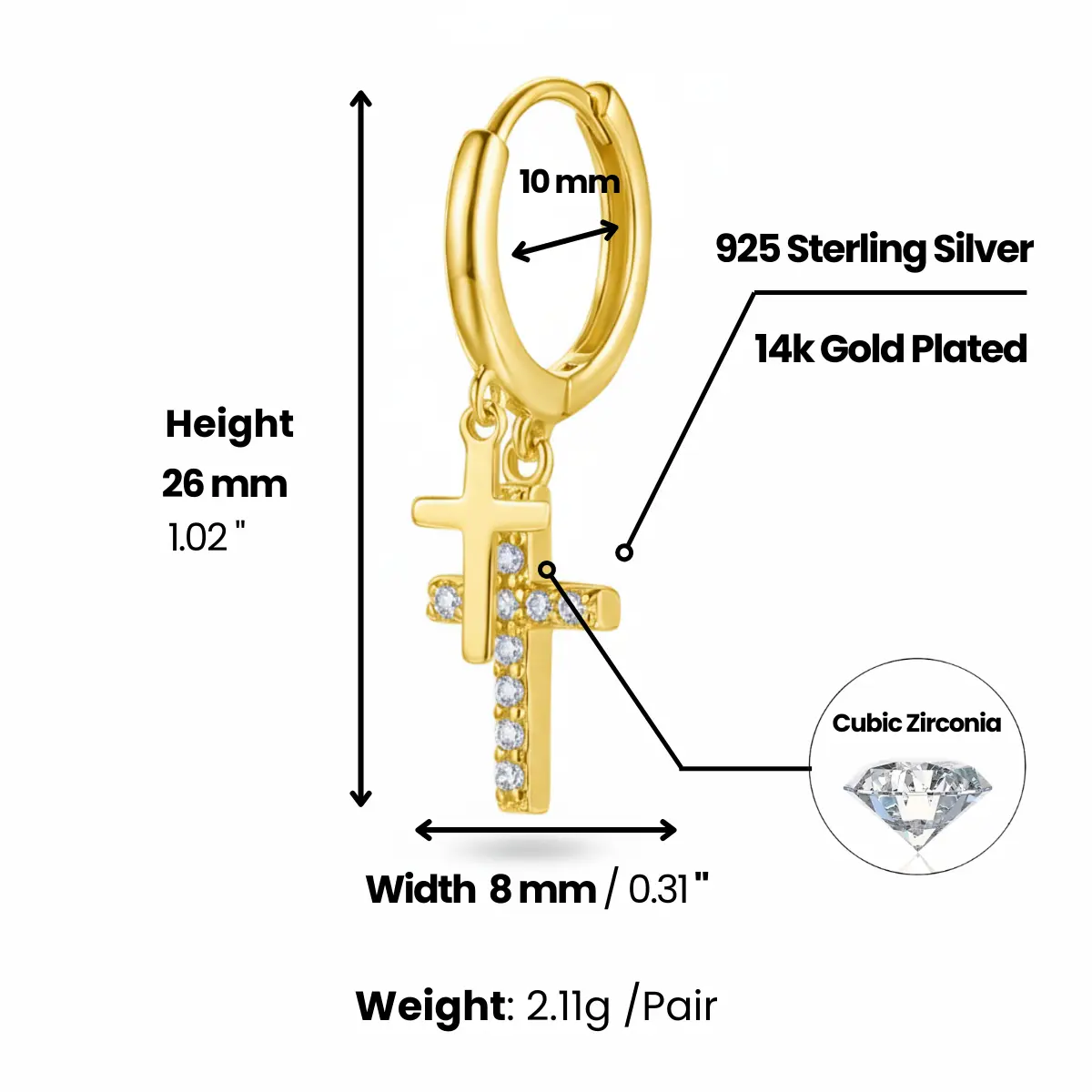 Gold Pavé Double Cross Hoop Earrings - Image 8