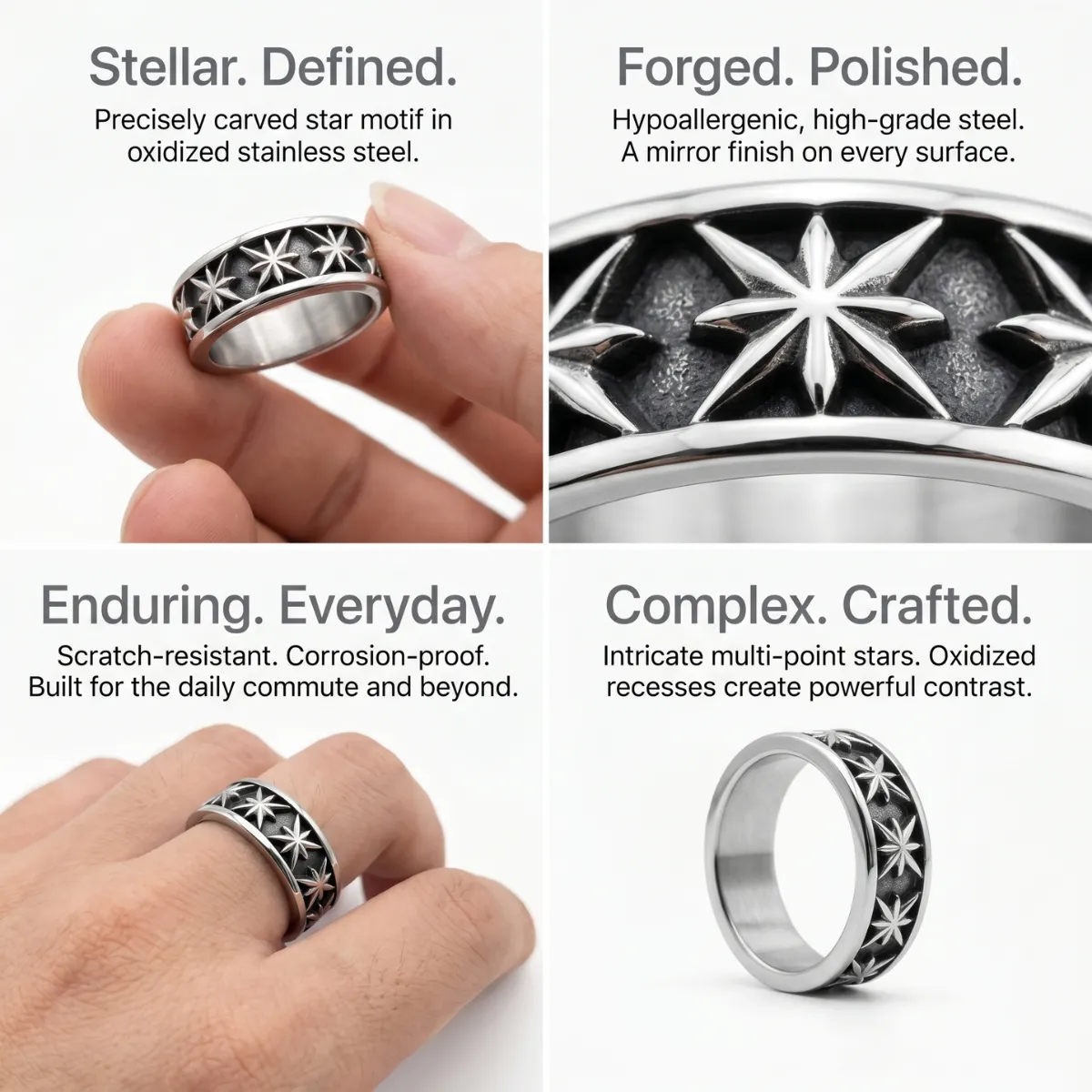 Gothic Carved Star Band - Image 5