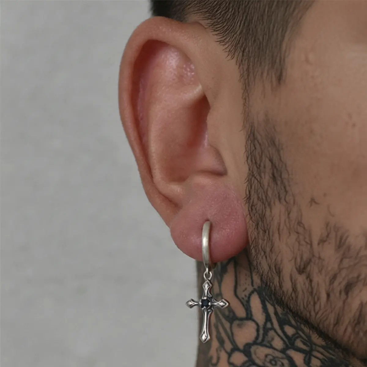 Gothic Cross Drop Hoop Earrings - Image 2