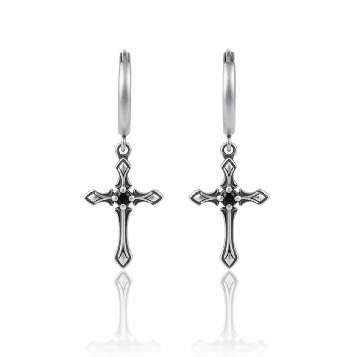 Gothic Cross Drop Hoop Earrings - Image 3