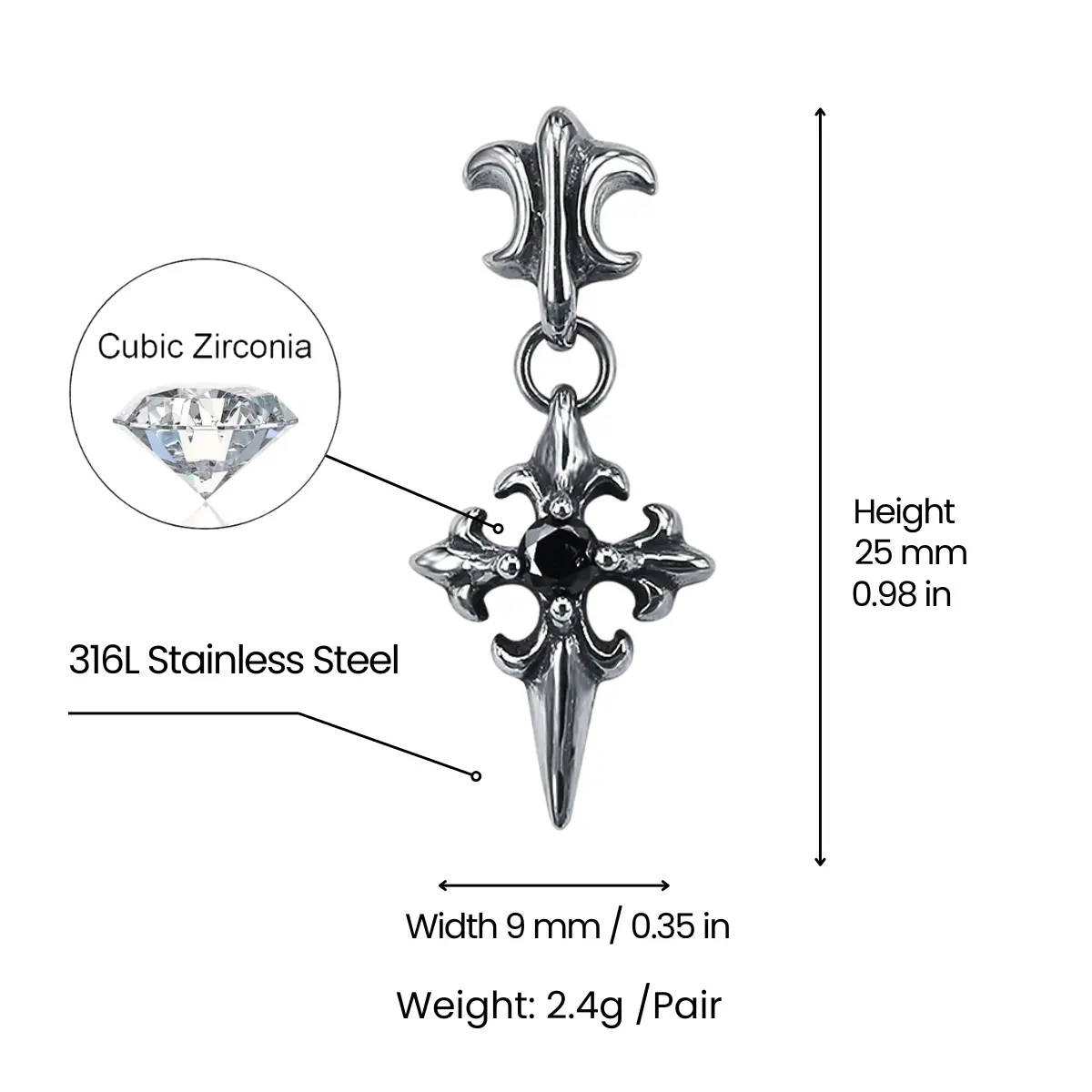 Gothic Cross Drop Stud Earrings - Image 6