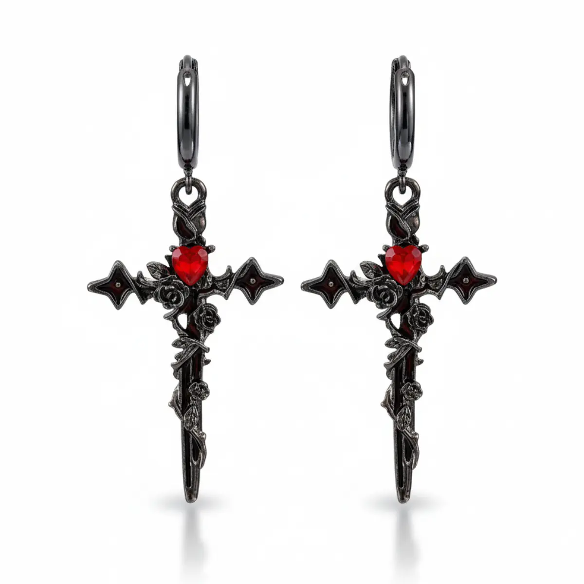 Gothic Rose and Thorn Cross Earrings - Image 3