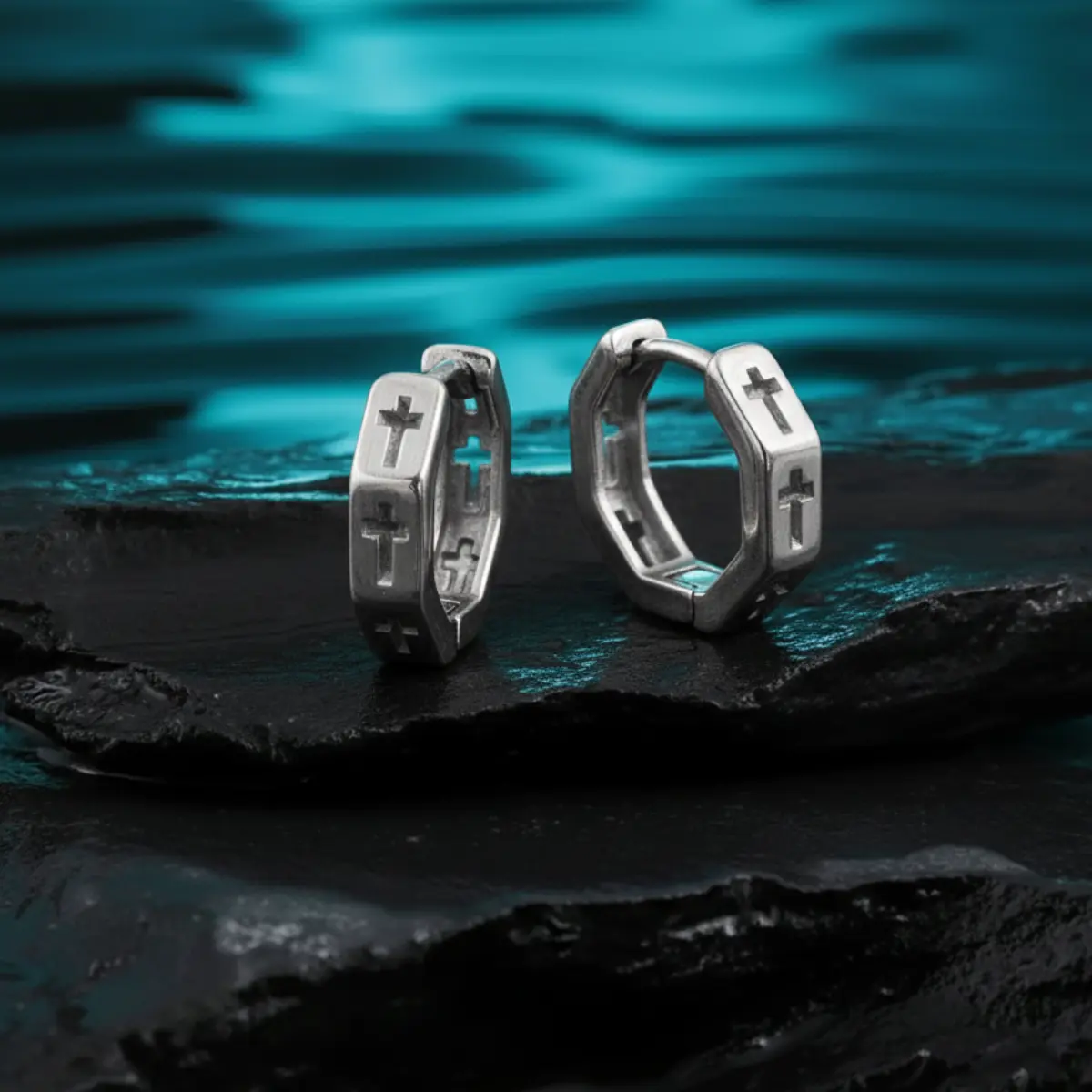 Hexagon Cross Huggie Hoop Earrings