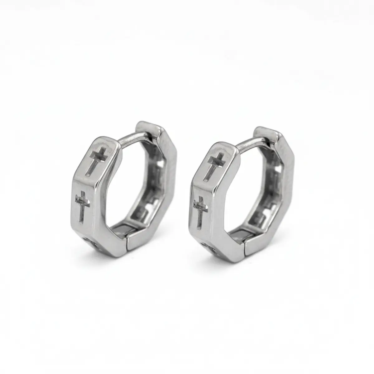 Hexagon Cross Huggie Hoop Earrings - Image 5