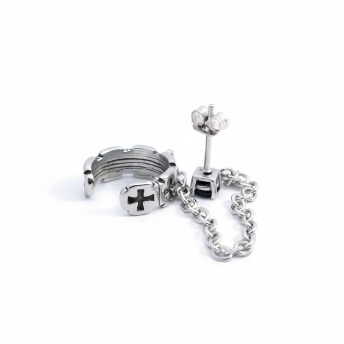 Iron Cross Ear Cuff with Chain Stud Earrings - Image 5