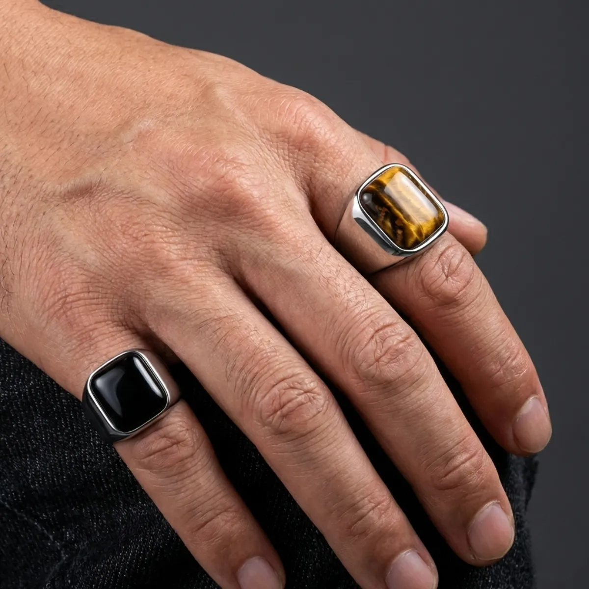 Men's Silver Stainless Steel Square Black Onyx Signet Ring - Image 5