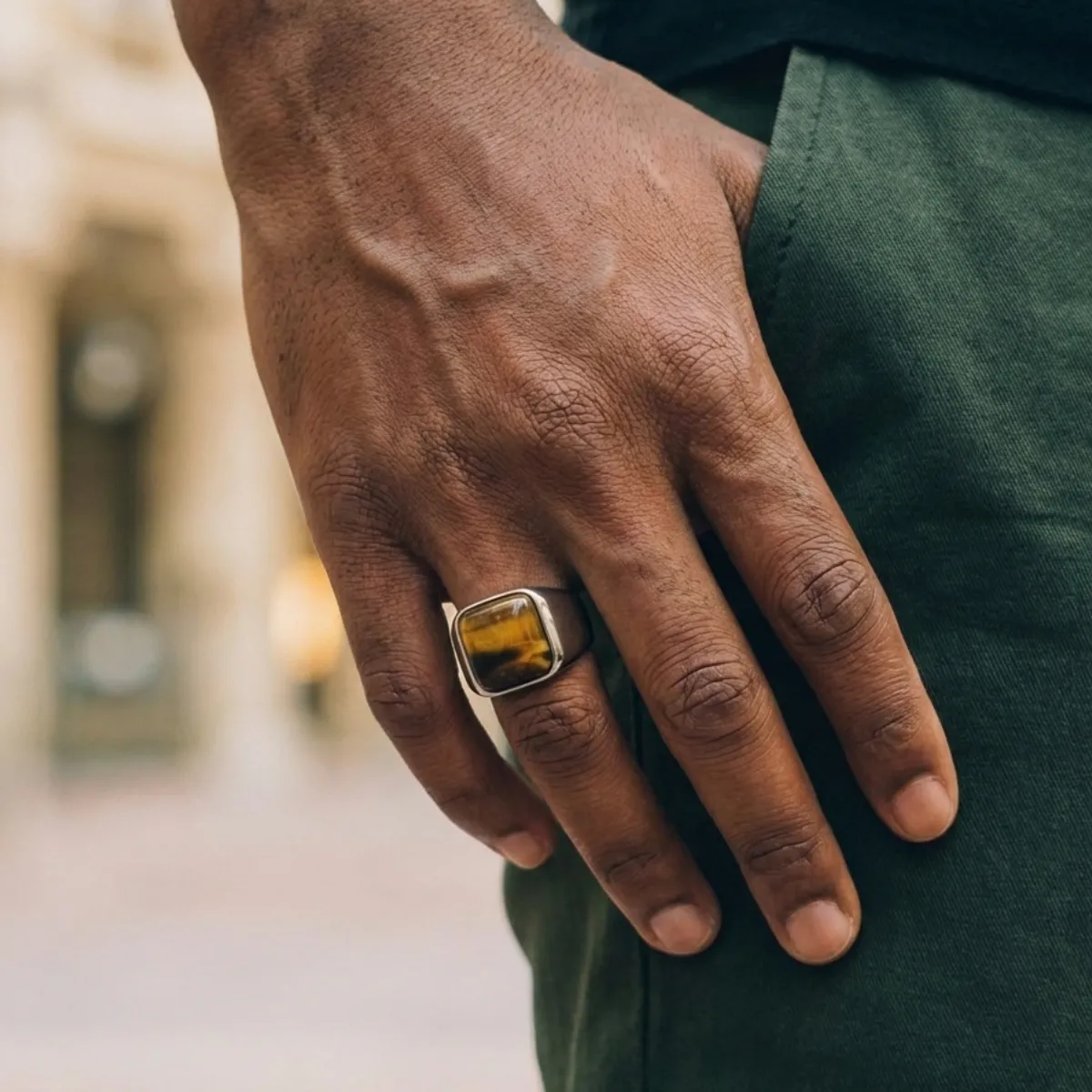 Men's Silver Stainless Steel Square Tiger Eye Signet Ring - Image 2