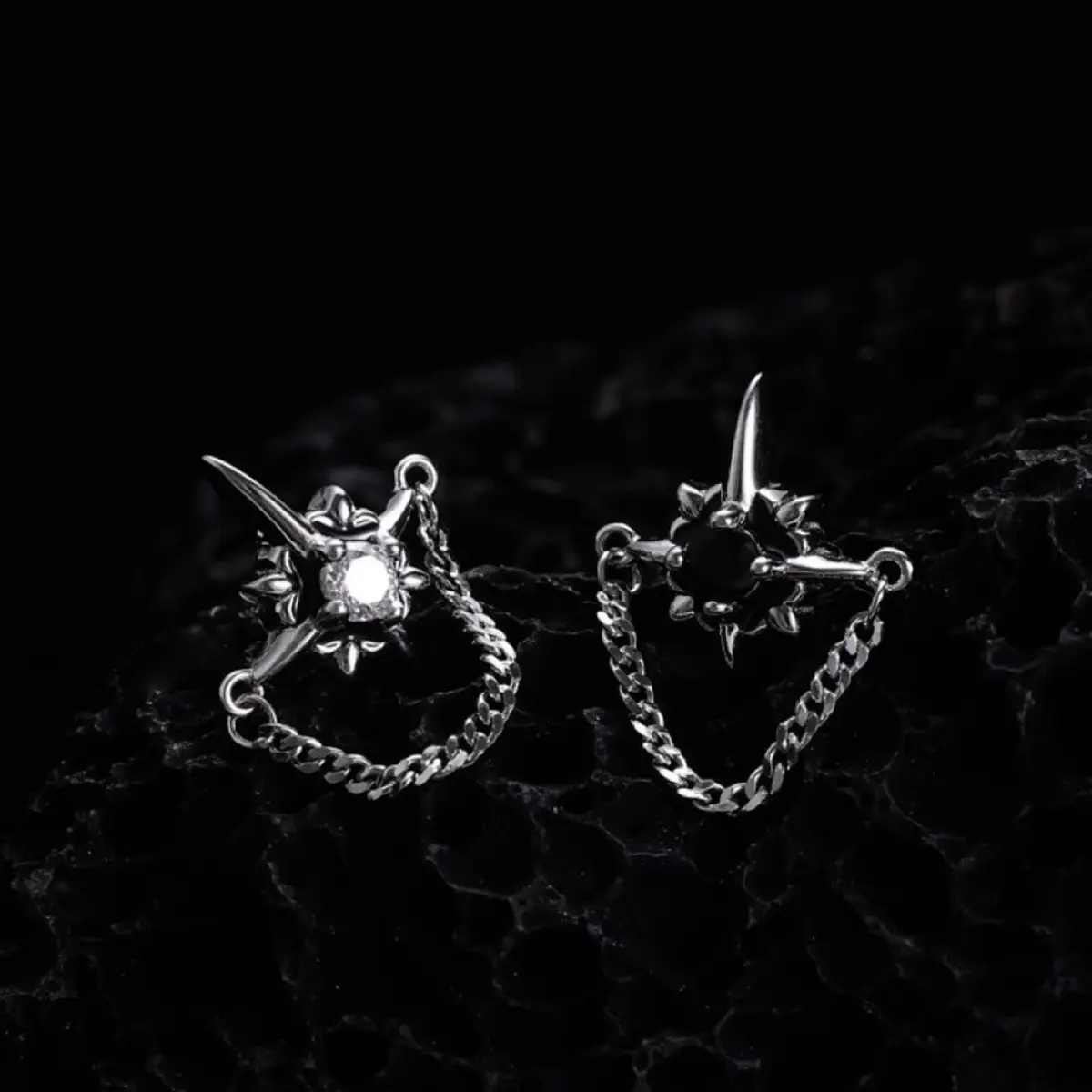 North Star Diamond Stud Earrings with Chain - Image 5