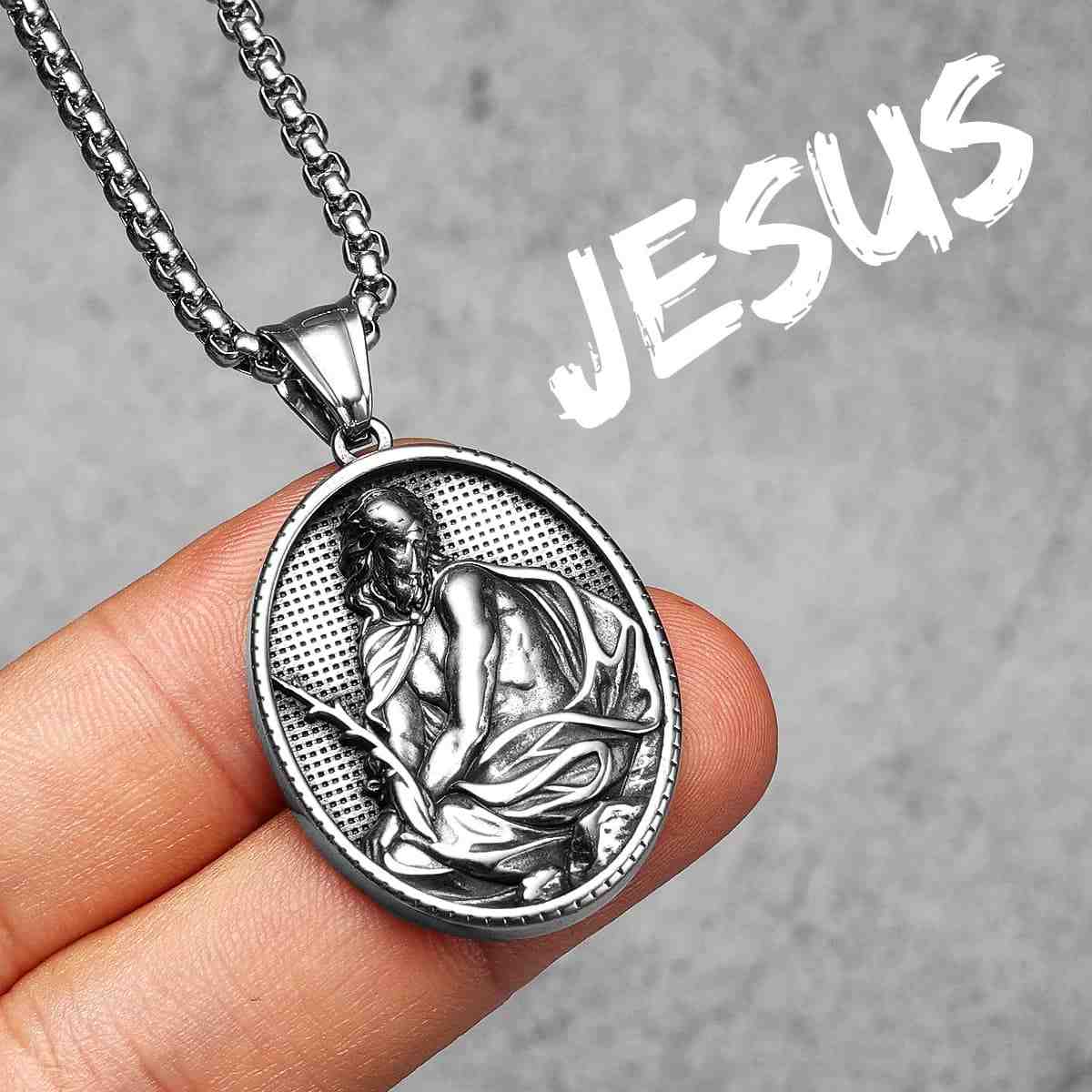 Oval Jesus Pendant Necklace with Robe and Staff - Image 3