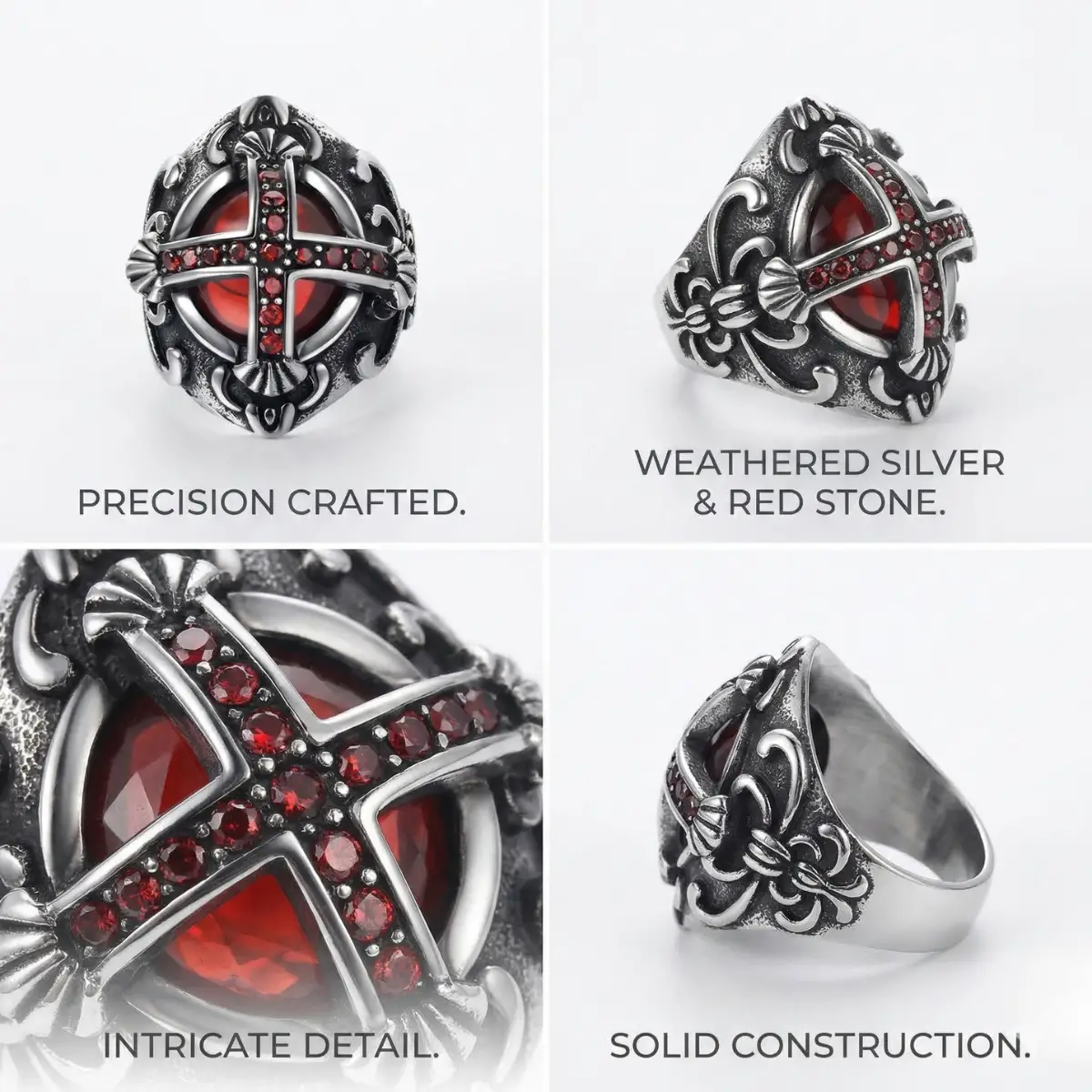 Red Stone Gothic Cross Ring - Image 4
