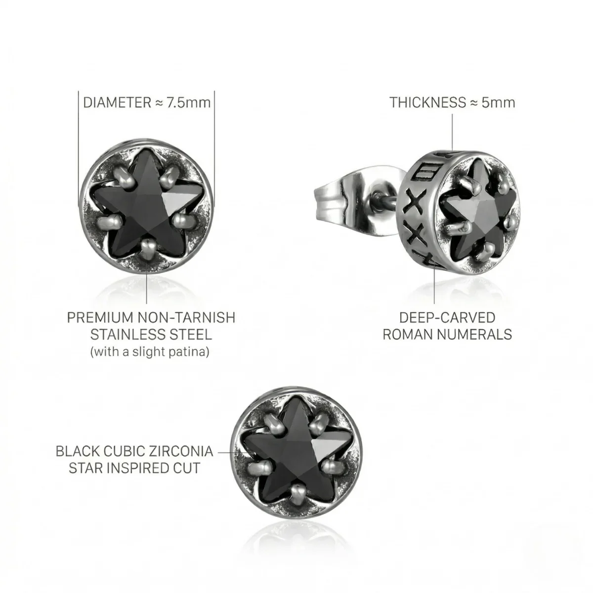 Roman Numeral CZ Star Studs - Image 5