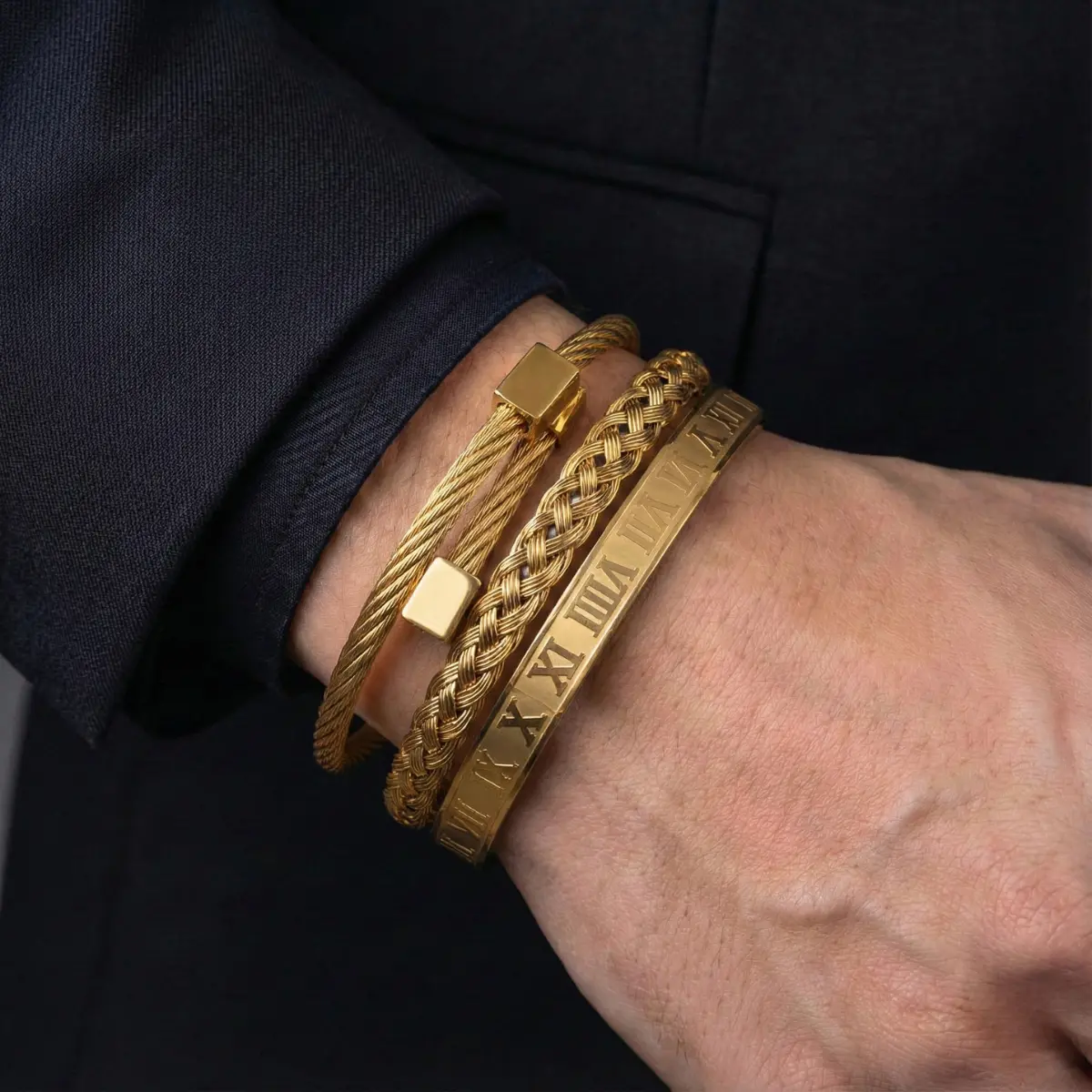 Royal Steel Cable & Braided Roman Numeral Bracelet Set - Image 5