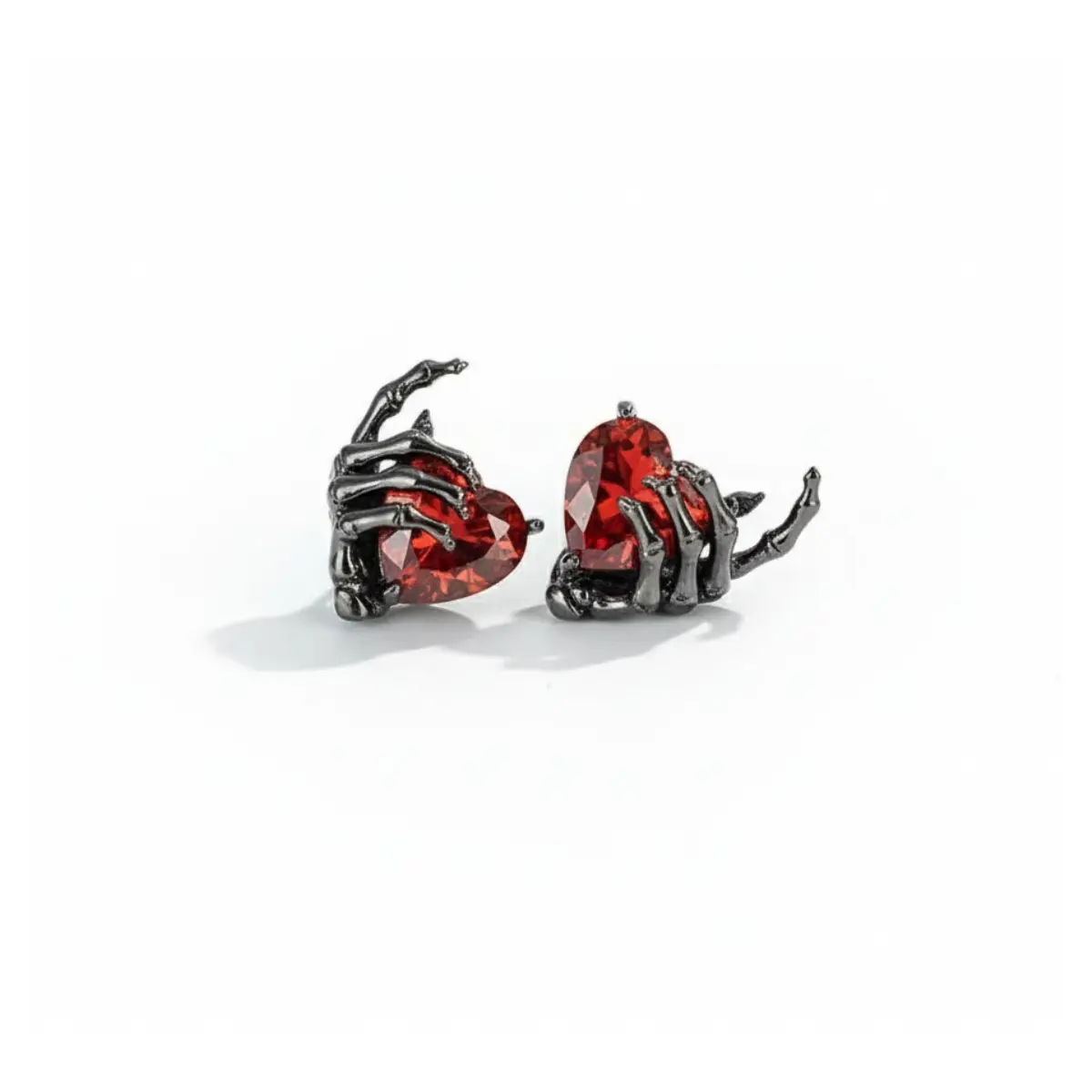 Ruby Heart Skeleton Hand Stud Earrings - Image 5