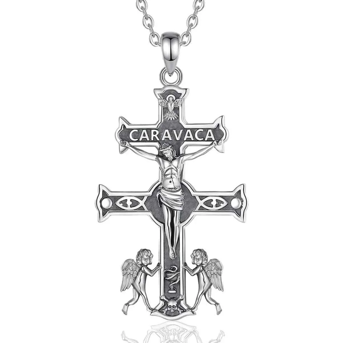 Silver Caravaca Cross Pendant with Skull and Crossbones - Image 3