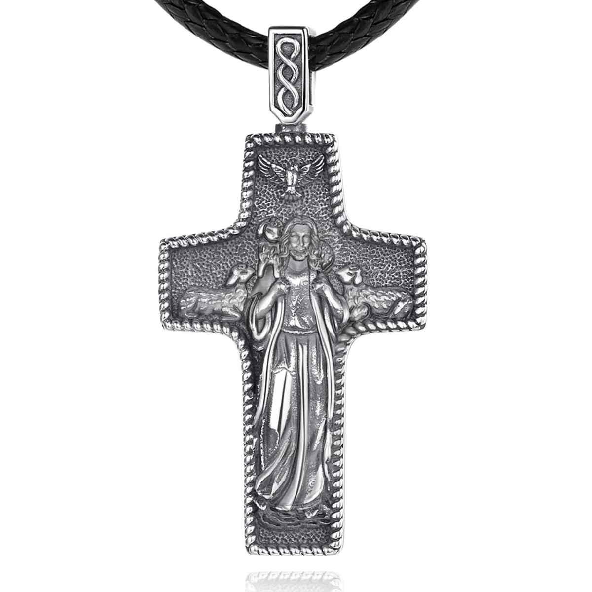 Silver Jesus Cross Necklace with Lamb - Image 2