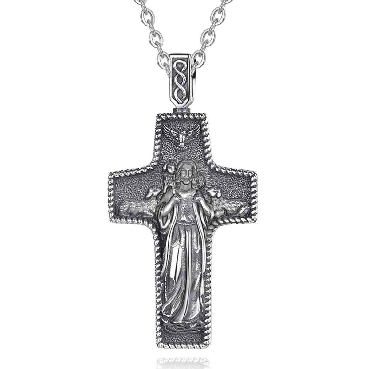 Silver Jesus Cross Necklace with Lamb - Image 3