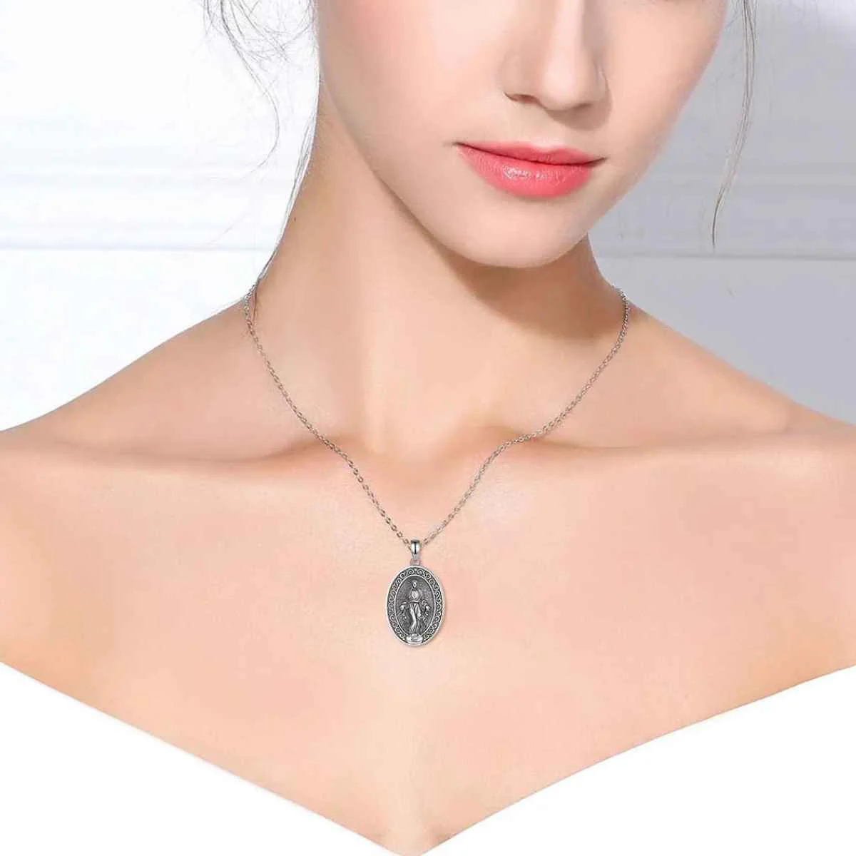 Silver Miraculous Medal Necklace Oval - Image 5
