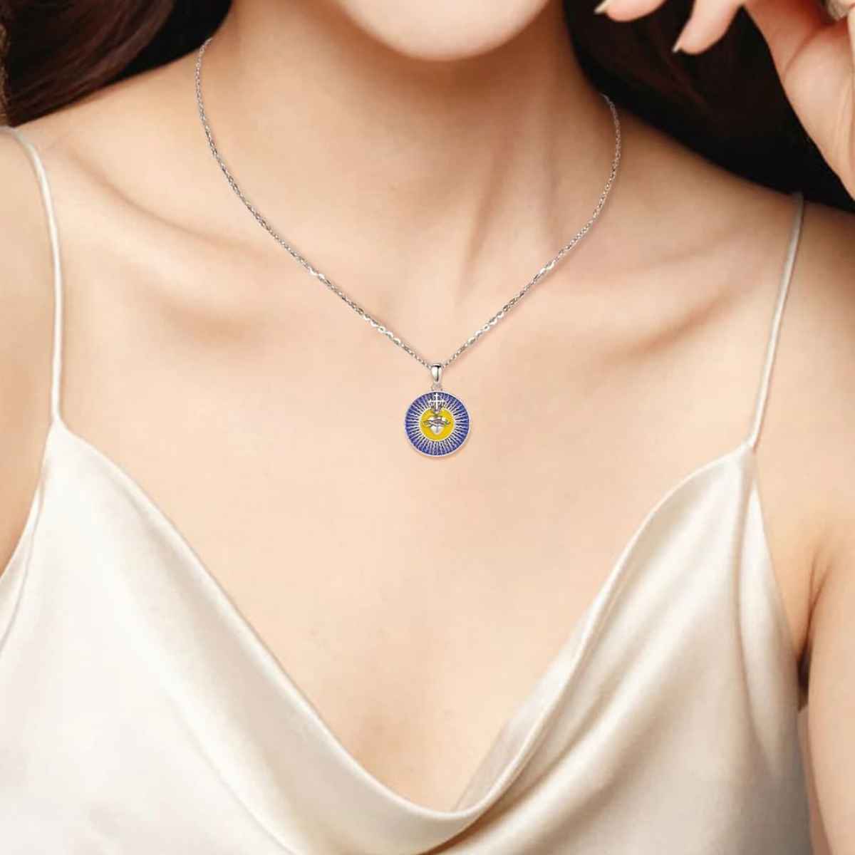 Silver Sacred Heart Necklace with Blue and Yellow Enamel - Image 5