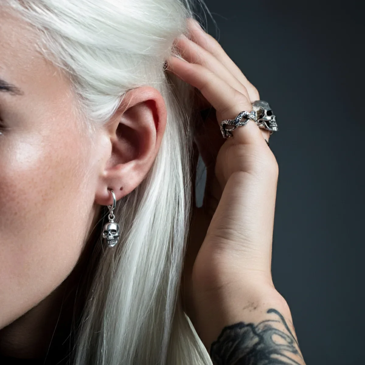 Silver Skull Head Hoop Earrings - Image 3