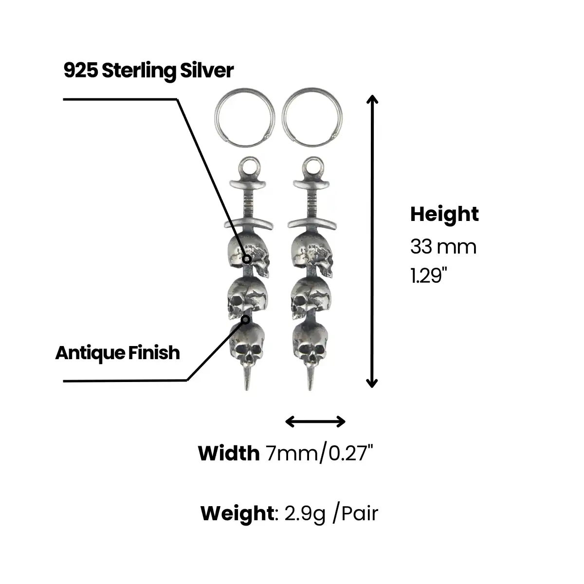 Silver Three Skulls Hoop Sword Earrings - Image 4